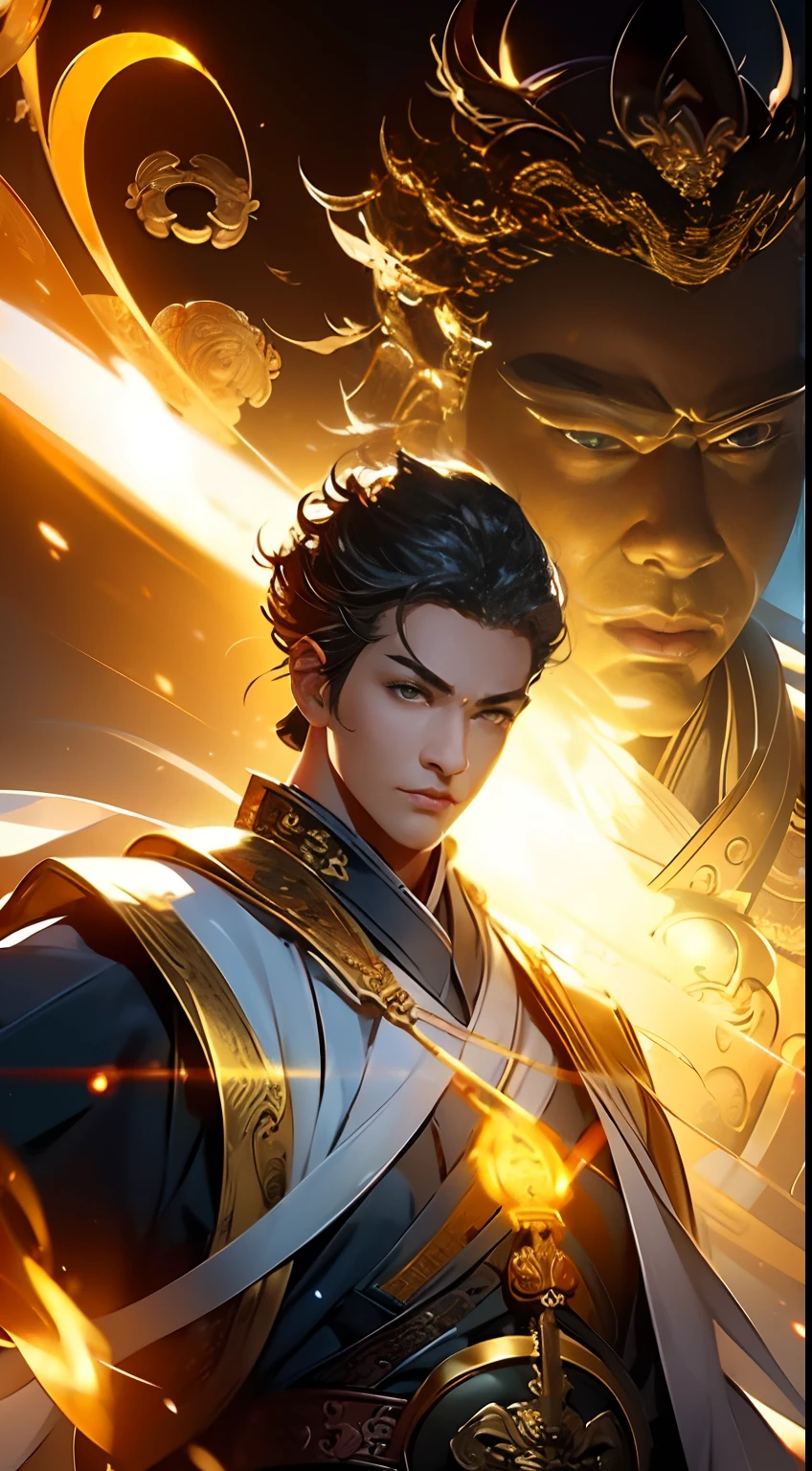 2 people,Immortal Warlock,A handsome boy stood in front of the Golden Light Daoist Master,radiating golden light,Handsome boy,(levitating),(the space),(In front of the huge golden light old Taoist priest stood a handsome boy:1.4),golden colored,Huge face of a Chinese golden Taoist priest in the background,(((In the background is a huge golden bust,A Taoist priest floating in the sky:1.5))), Infinite Sword System,Tyndall effect,Glow effects,Anime art style,Romantic graffiti,Meticulous,Realism is popular, New Fauvist style,Knolling,8K,tmasterpiece,super-fine,best qualtiy,8K resolution,tmasterpiece,Works of masters,Detailed pubic hair,Accurate,Epic fantasy art,offcial art,Extremely detailed,tmasterpiece,Best quality at best,(Very detailed pubic hair CG unified 8k wallpaper),(Best quality at best),(The best illustrations),(The best shadow),Very detailed pictures,entire character,photorealisti,ultra-realistic realism,Symmetrical fantasy digital art style,Symmetrical fantasy digital art style,Epic fantasy digital art style,Above the young Taoist priest,((There is a huge portrait of a translucent golden light Taoist priest:1.5)),long and flowing hair,(8K, primitive, professinal, best qualtiy, tmasterpiece:1.2), (realisticlying,realisticlying:1.37), Hyper-detailing, (Portrait), (highest detailed skin:1.2), (Face in the highest detail:1.2), cinmatic lighting,16 yaers old,very beautiful fantasy art, fantasy style art, Fantasy art style, digital fantasy art ), art-style,The boy wears Hanfu painted with Taoist elements,The boy holds a wand,It is decorated with unique carvings and precious stones, Represents the power and magic of the mage,The wand has a magical aura,The light from the back window is backlighted,Facing away,Light wind,sportrait,fine art,Oriental Palace,The ancient Forbidden City,The majestic Great Wall,Magical oriental Taoist elements,Bagua patterns with magical powers,The ancient totem of the Taiji Yin Yang fish,((Taoist Taiji Yin Yang Bagua Diagram;1.2)),((Magnificent palace