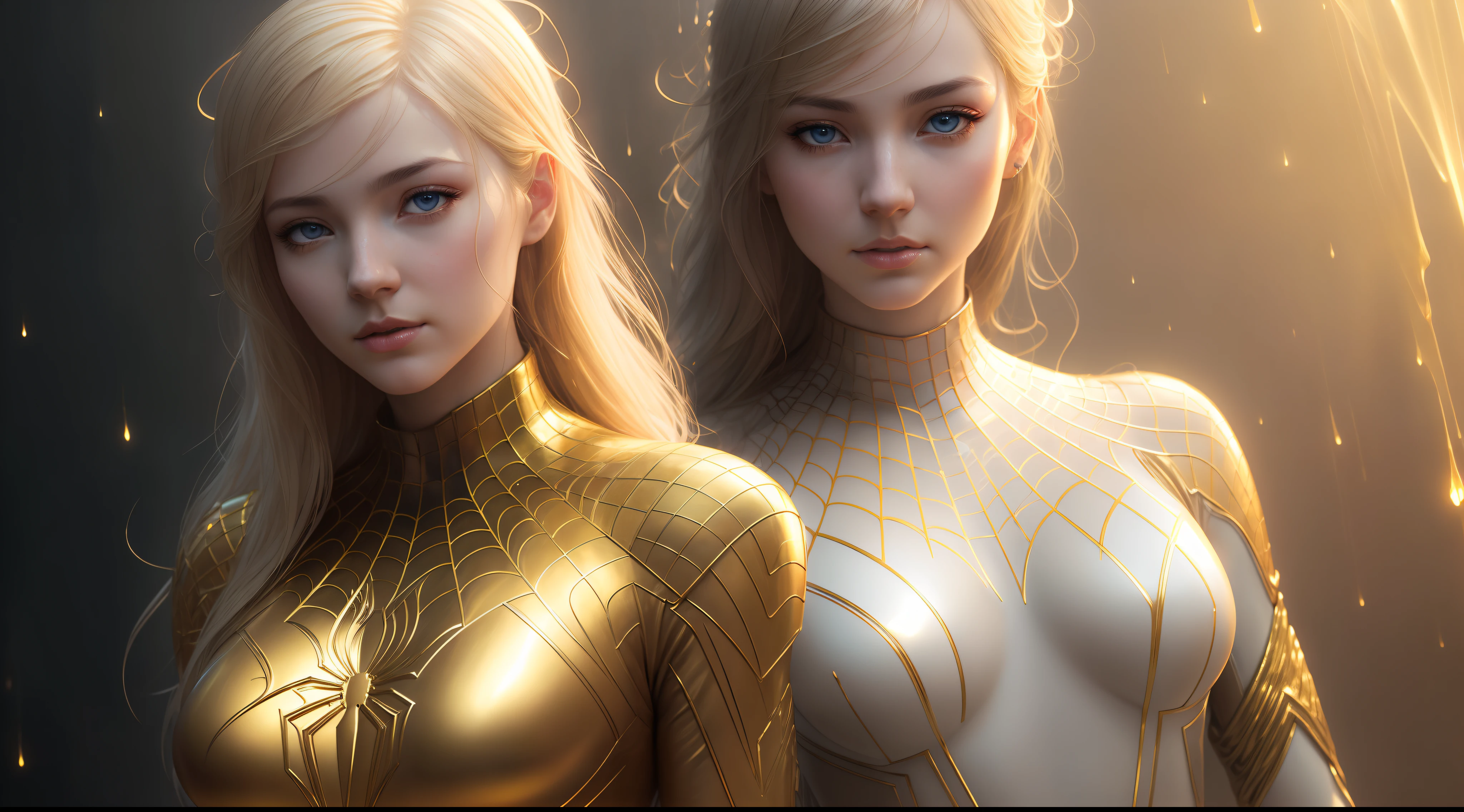 golden and white, spider man, drip outfit, heavy rain, magical, highly detailed, trending on artstation, unreal engine 4 k, cinematic wallpaper by stanley artgerm lau, wlop, rossdraws, james jean, andrei riabovitchev, marc simonetti, yoshitaka amano. background by james jean and gustav klimt, light by julie bell, 4 k, porcelain skin, style of zdislaw beksinski, detailed, 8k, dynamic lighting, white chromatic aberration, soaking wet