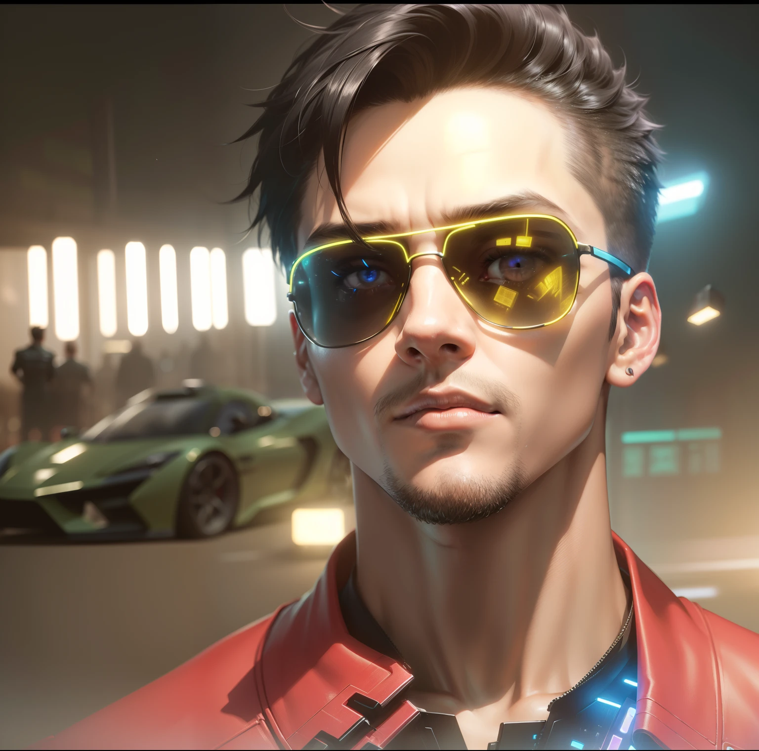 Create man cyberpunk style, futuristic background, short hair, futuristic clothes, (best quality), ((1:1 resolution), (face centered in the center of the image), avatar photo only, (head + shoulders), 8k resolution, realistic photo, neon lights, (technology elements), (film grain).