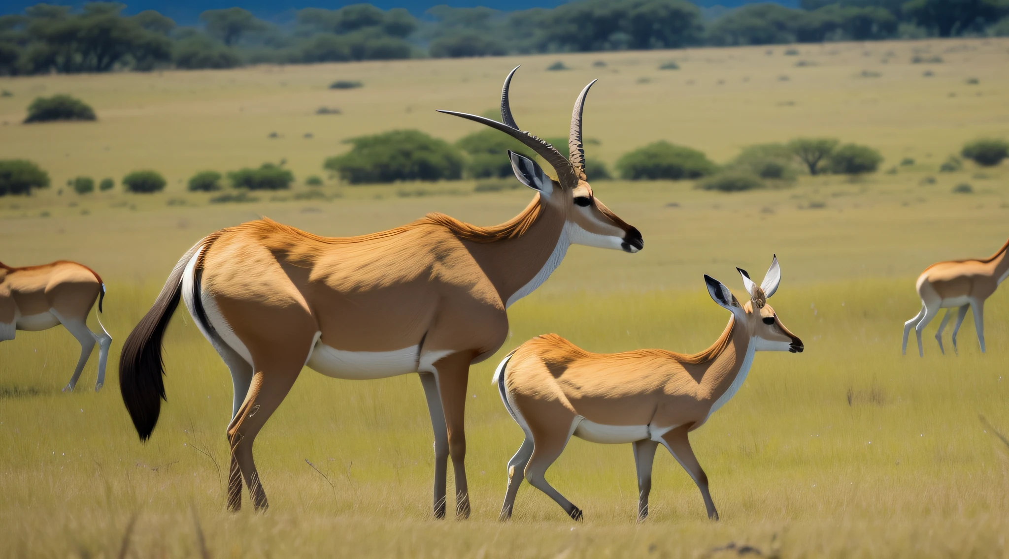 A mother antelope gently nudging her playful calf in a lush grassland.