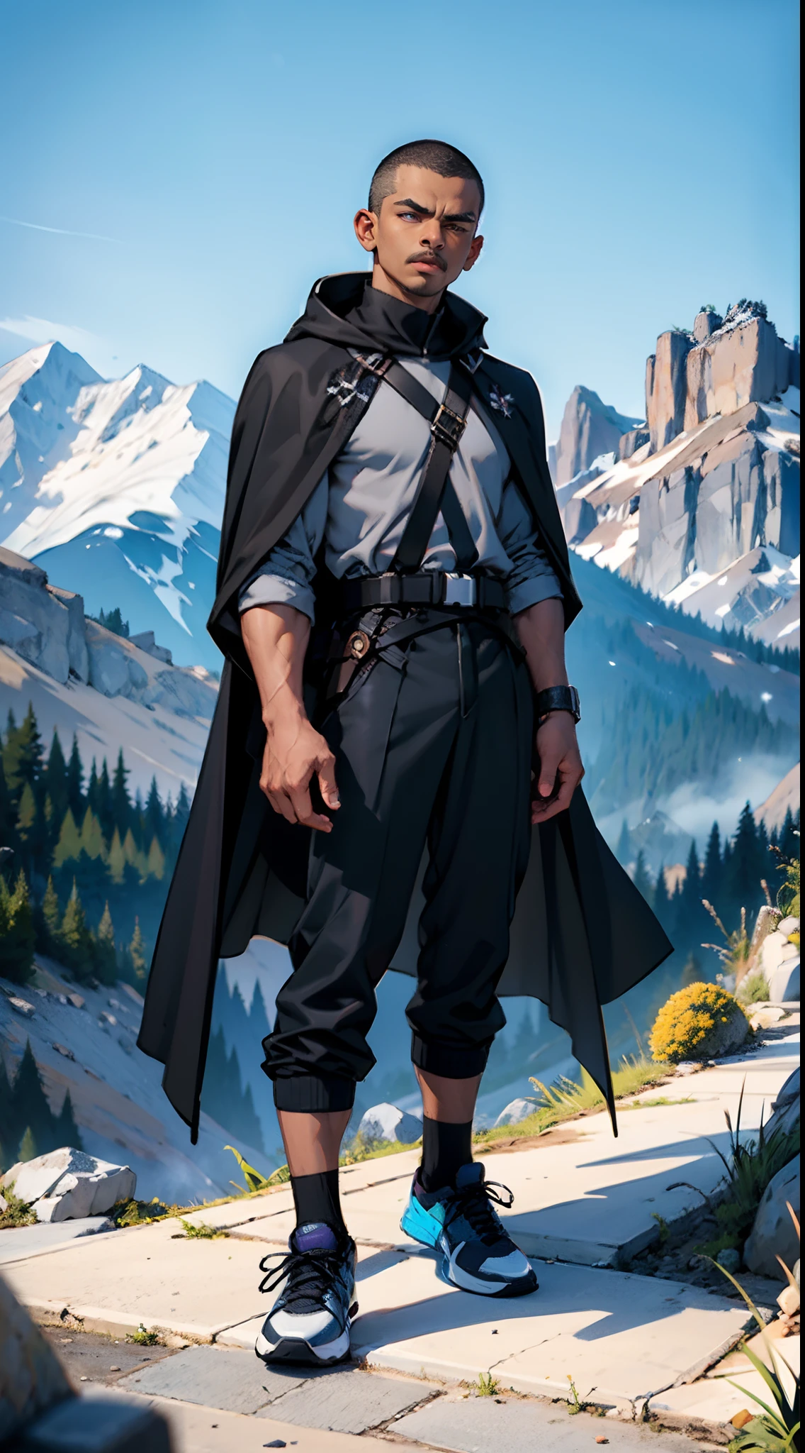 Young male,Strong,Rogue costumes,brown buzzcut_cut,grey shirt,Black pantsuit,(Short black socks:1.8),athletic sneakers,a black cloak,Purple shoes,perfect eyes,Lots of mountains,medieval clothing