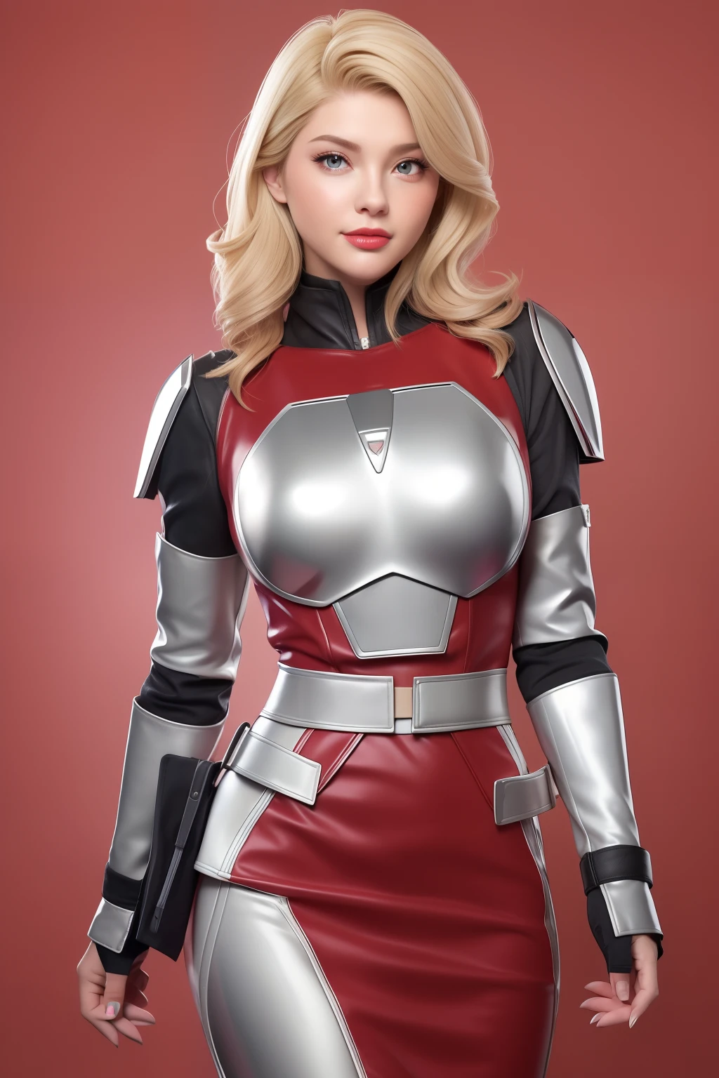 Beautiful Face Woman、a blond、Paper camouflage pattern background、 Beautuful Women、18year old、prety woman、hyper realistic photography、High-definition photos、red lipsticks、Mandalorian style miniskirt suit in metal armor、The skin is not very exposed、Do not cut your head off the screen、Camouflage skirt、Facing the front、