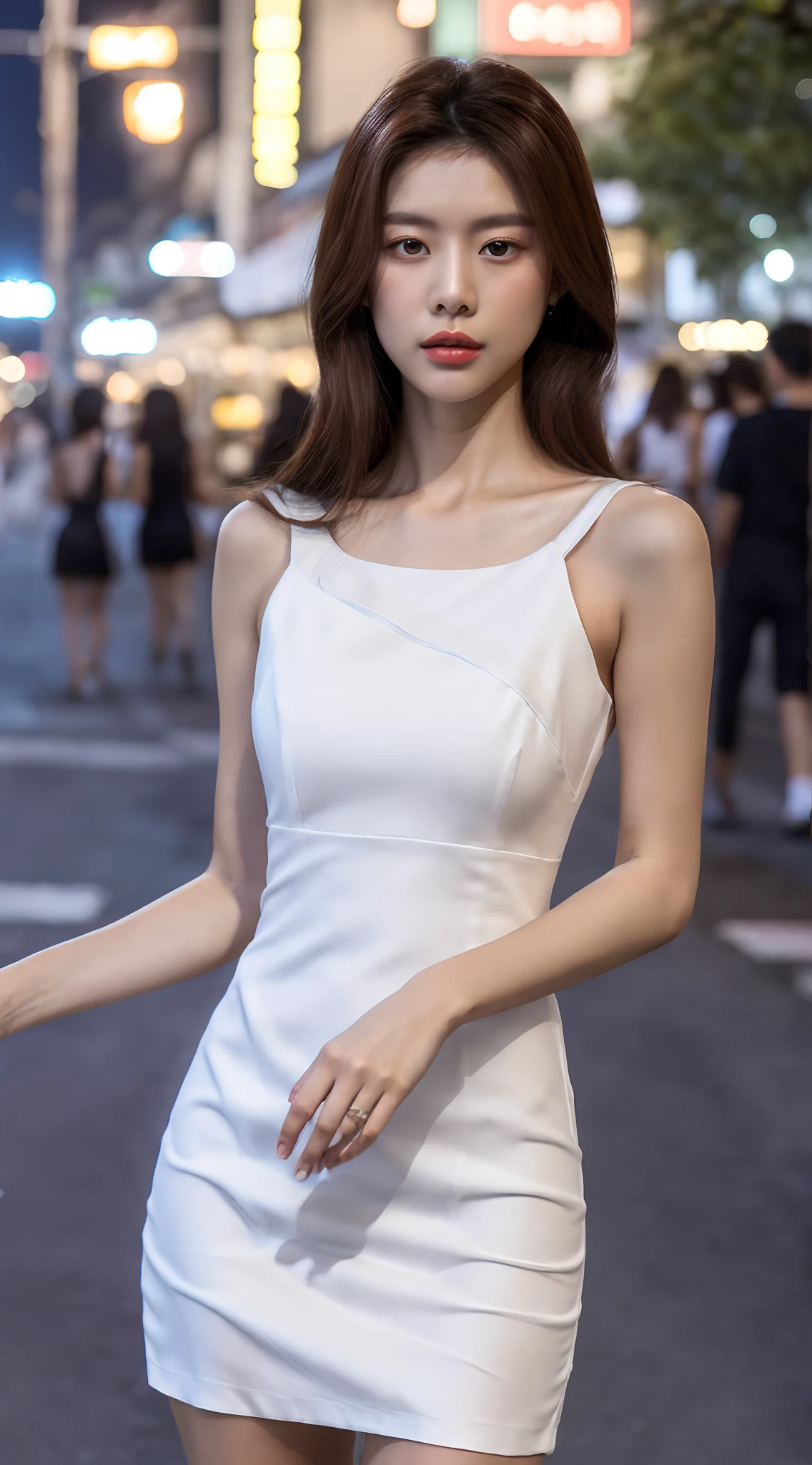 araffe woman in white dress walking down a street at night, wearing white dress, white dress, wearing an elegant dress, photo of slim girl model, gorgeous young korean woman, smooth white tight clothes suit, korean women's fashion model, wearing a white dress, tight dress, woman in dress, wearing a cute white dress, long white dress, wearing along white dress