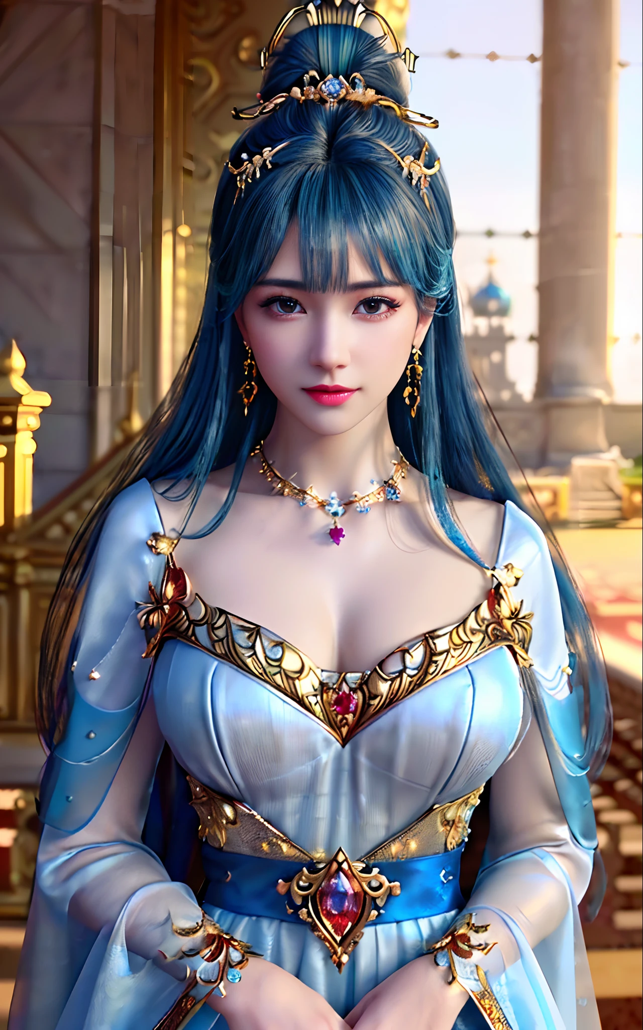 ((realisticity: 1.2)), ((best resolution: 8K UHD)), best quality,masterpiece,highres,cg,
((1 super detailed and super realistic girl)), ((very beautiful queen dazzling, super realistic, and super detailed)),((white skin, beautiful, smooth, youthful, super realistic and super detailed
)), long hair, ((super realistic and super detailed dress)), solo, ((super realistic, super beautiful, gorgeous and super detailed jewelry)), ((super beautiful, super realistic and super detailed dark red and golden yellow dress)),
((super beautiful, super realistic, super detailed diamond filled earrings)),
((super beautiful, super realistic and super detailed diamond filled hair ornament)), ((super beautiful upper body, super beautiful, super realistic and super detailed)), ((big breasts: 2.5)),
((super grand, super realistic and super detailed royal palace backgroun))
((super beautiful, super beautiful, super realistic and super detailed hair bun)), ((super beautiful, super realistic and super detailed blue hair)),
candid, Photograph, high resolution, 8k,Bokeh,