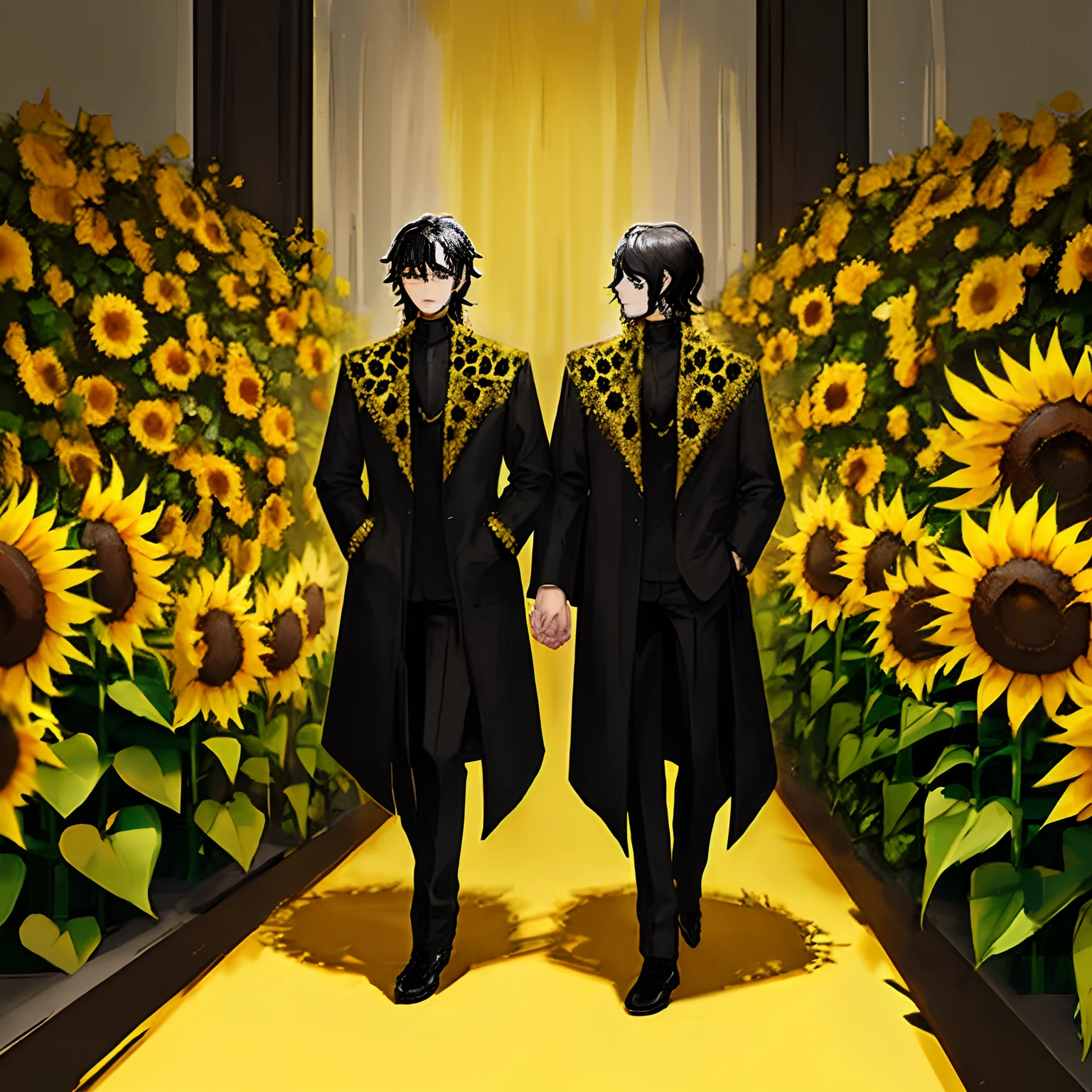 1 black-haired boy wearing a black-and-gold coat, 2 lions walking beside him, sunflowers on his back