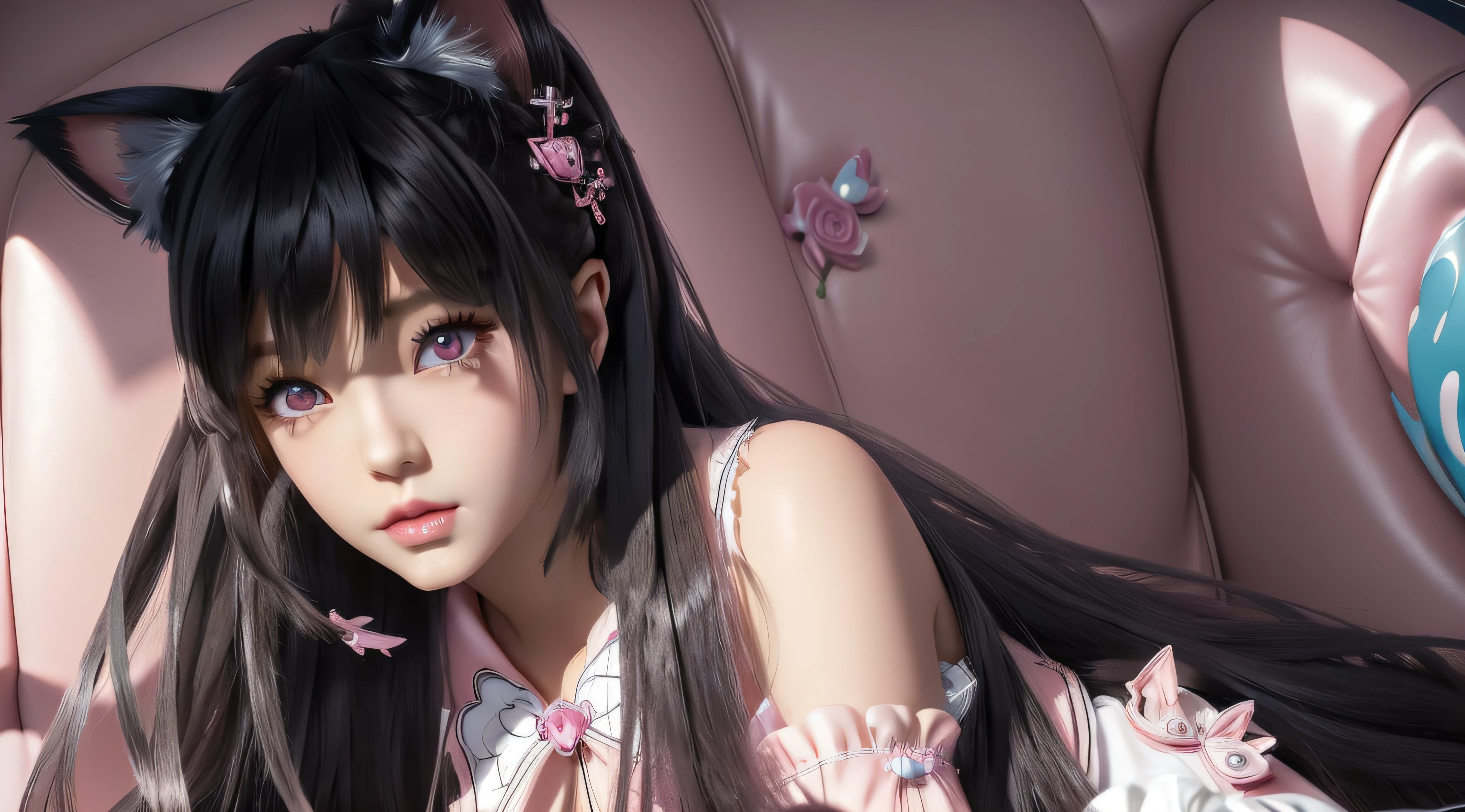 Cat-eared girl in black and pink outfit sitting on pink sofa, seductive anime girls, small curvaceous loli, 8K high quality detailed art, anime highly detailed, beautiful and seductive anime woman, anime barbie in white stockings, 2b, 2 b, Fine details. Girl front, pink twintail hair and cyan eyes, photorealistic anime girl rendering
