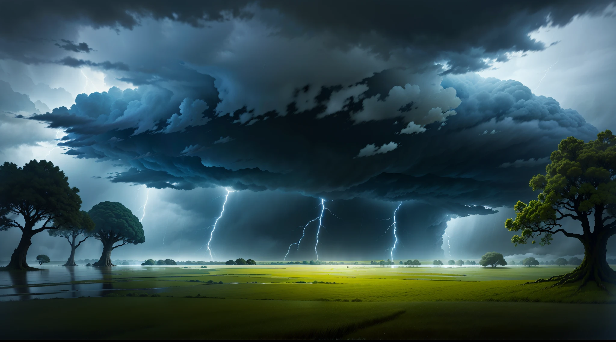 High quality, master quality, 4k, midnight rain, highly detailed, thunder storm, dark stormy clouds, rushing wind, plain grass landscape, wet lands, few giant trees, even lighting, dramatic lighting, anime style