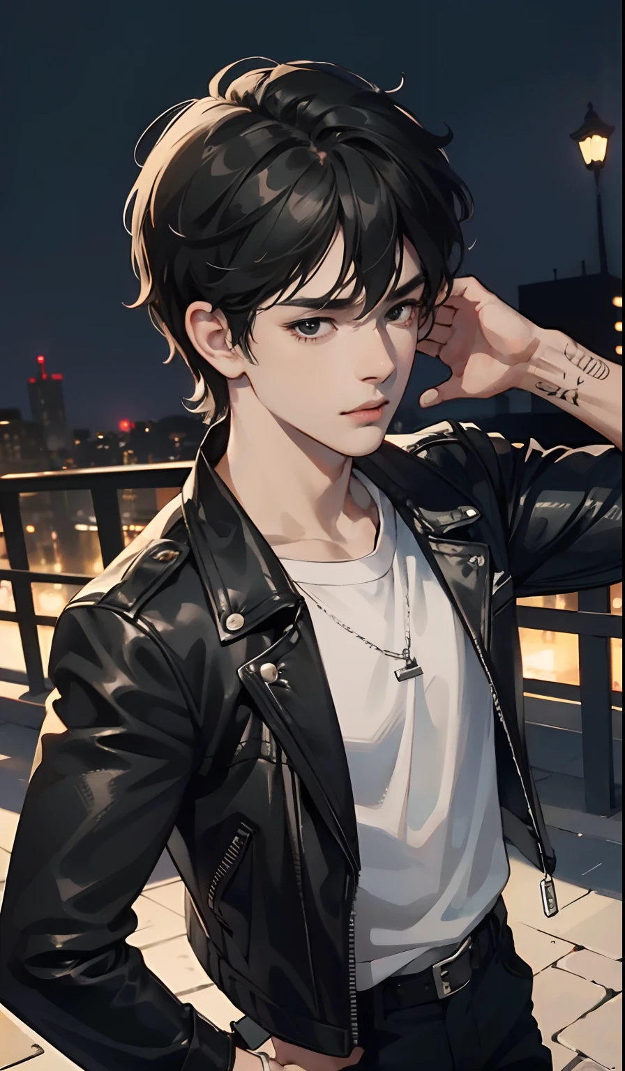 (absurd, high, extremely detailed),((masterpiece)), ((best quality:1.1)), High resolution, 8k,1 boy, (much short black hair :1.1 ), shaded face, (black leather jacket, white T-shirt: 1.1), black pants, (shaggy hair: 0.8), (top view: 1.1), (black eyes), (hands) chain around), tattooed hands, pose, anime style, outdoor, night city