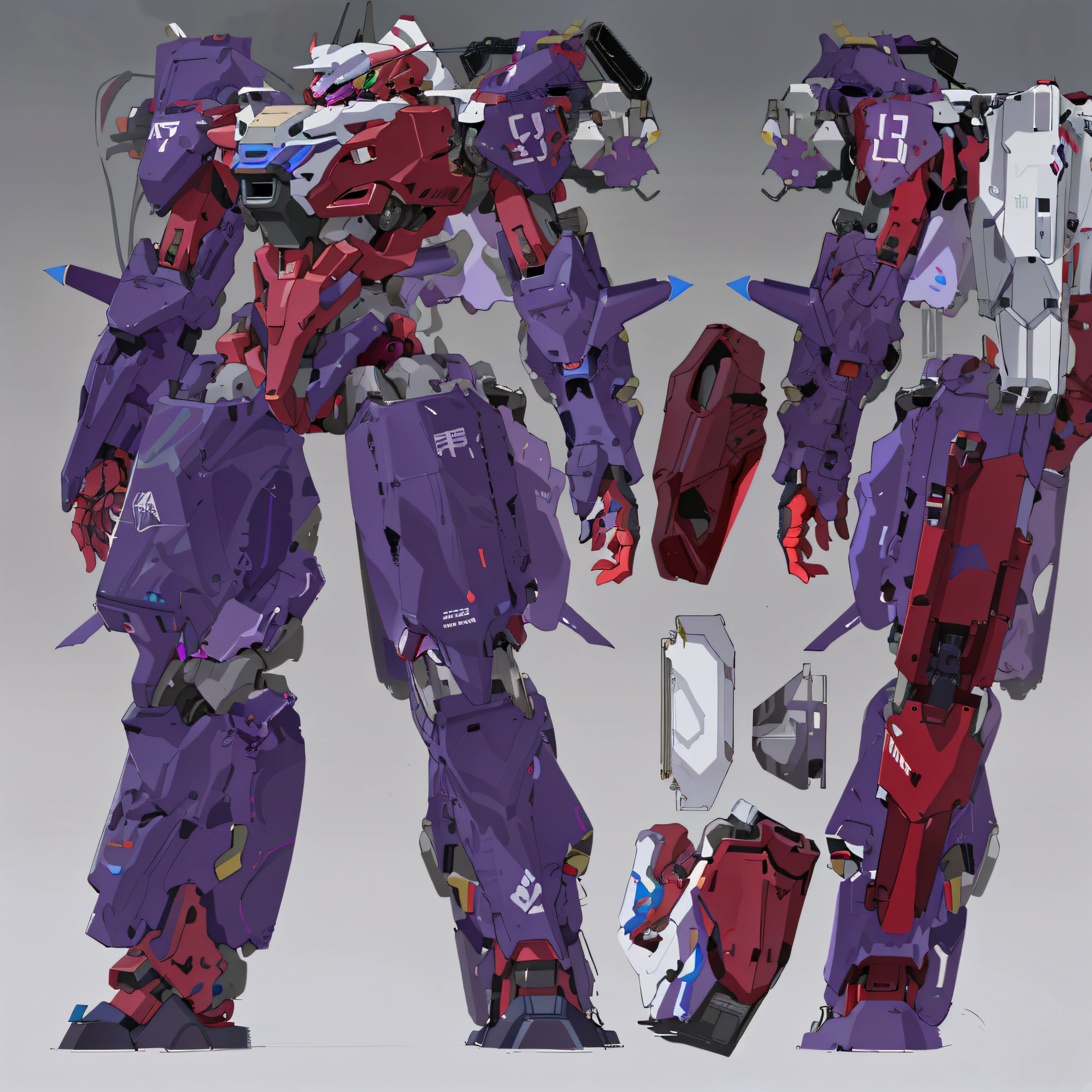 Close-up of robot with purple body and red head, eva unit-00 in the back, painterly humanoid mecha, evangelion concept art, detailed full-body concept, full body concept, full body red mech, Mecha Inspiration, Full body mecha, mech body, full body mecha suit, Mecha suit