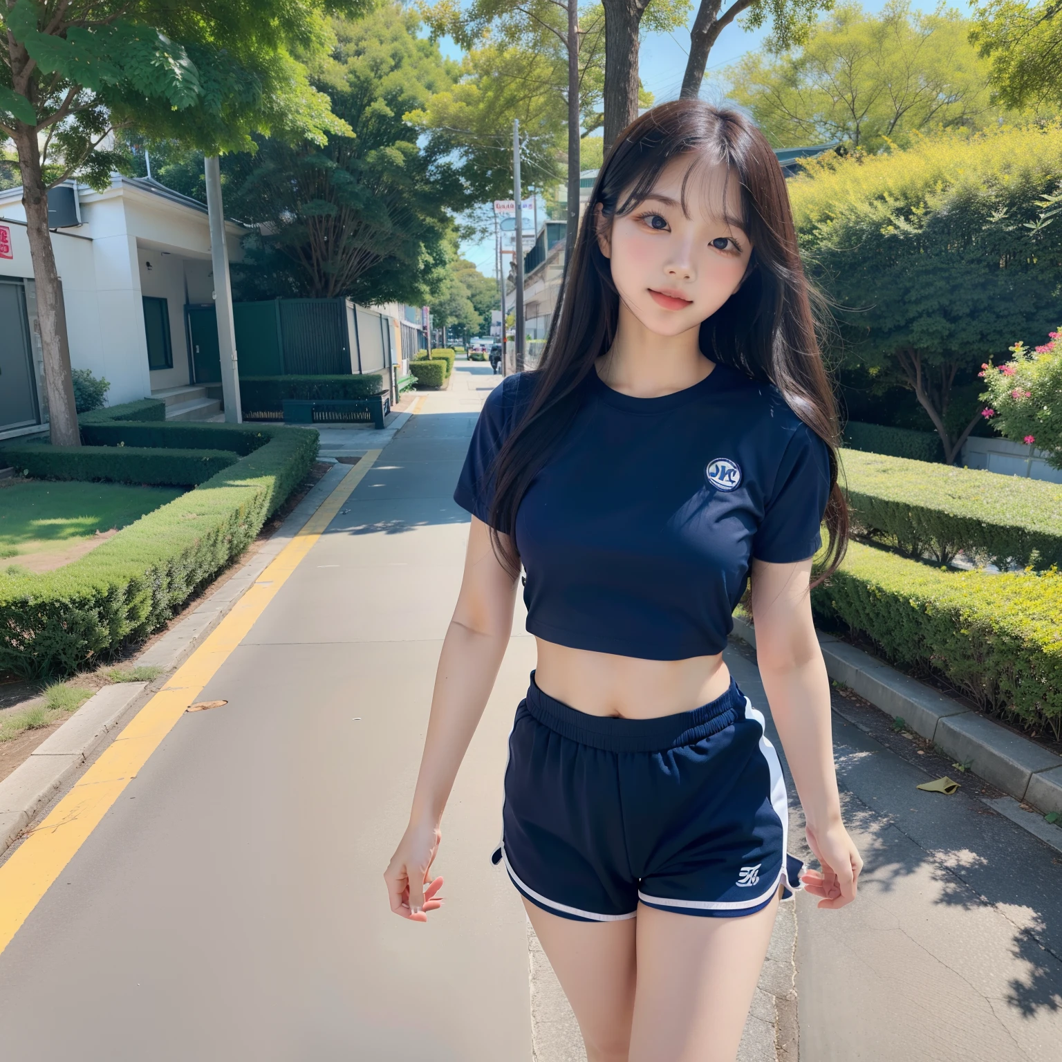 very real、Top-notch image quality、in 8K、fully body photo、Japanese high school  girl、、Soio、kawaii、A dark-haired、160cm、Wearing gym clothes[Navy Blue Waist T-Shirt、Navy blue shorts]、Walking、Fluid movement、Use bright colors and soft tones to create a dreamy and fantastic atmosphere、Leaving school、Full body photo