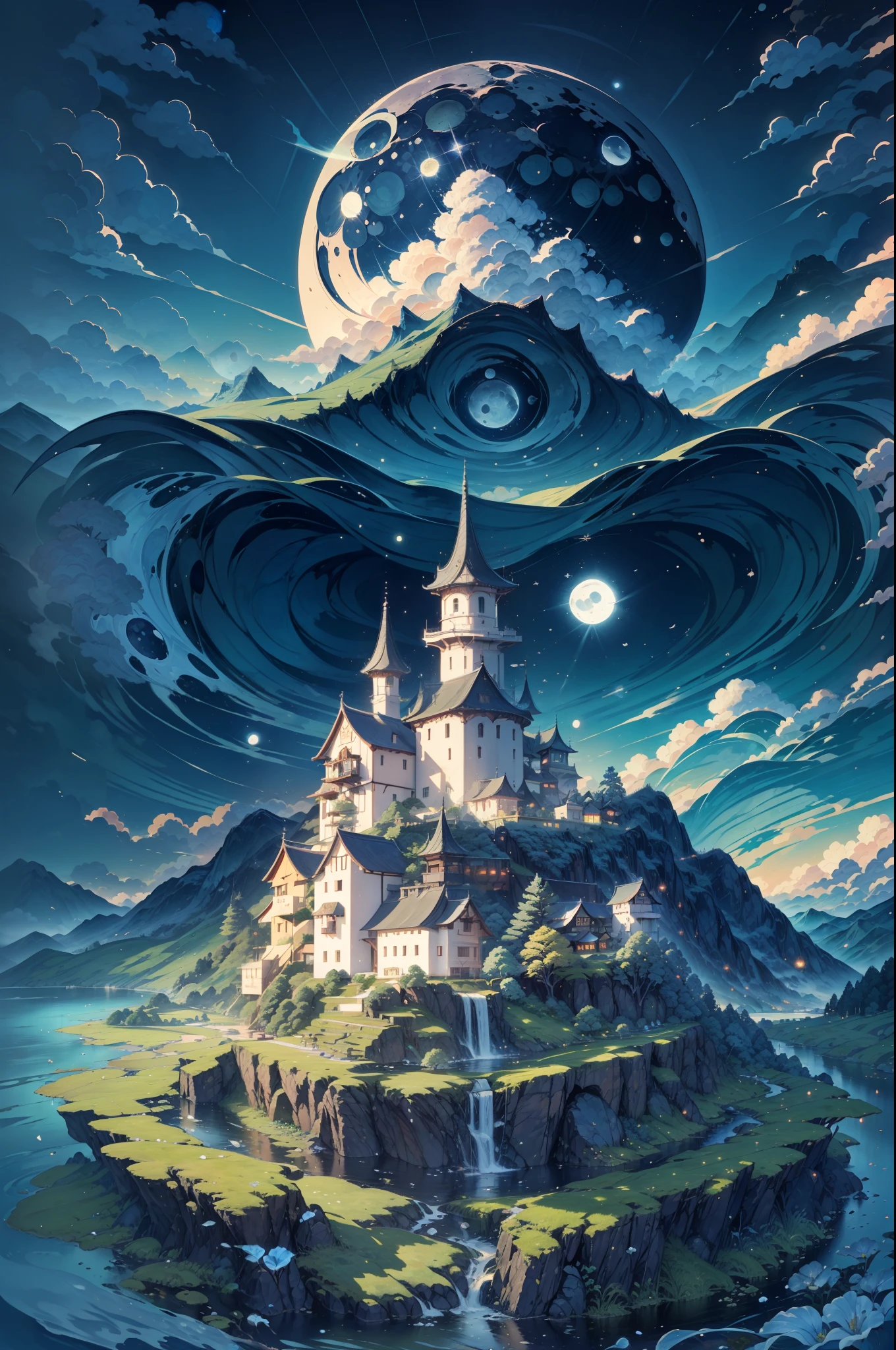 Mountain, water, moon
