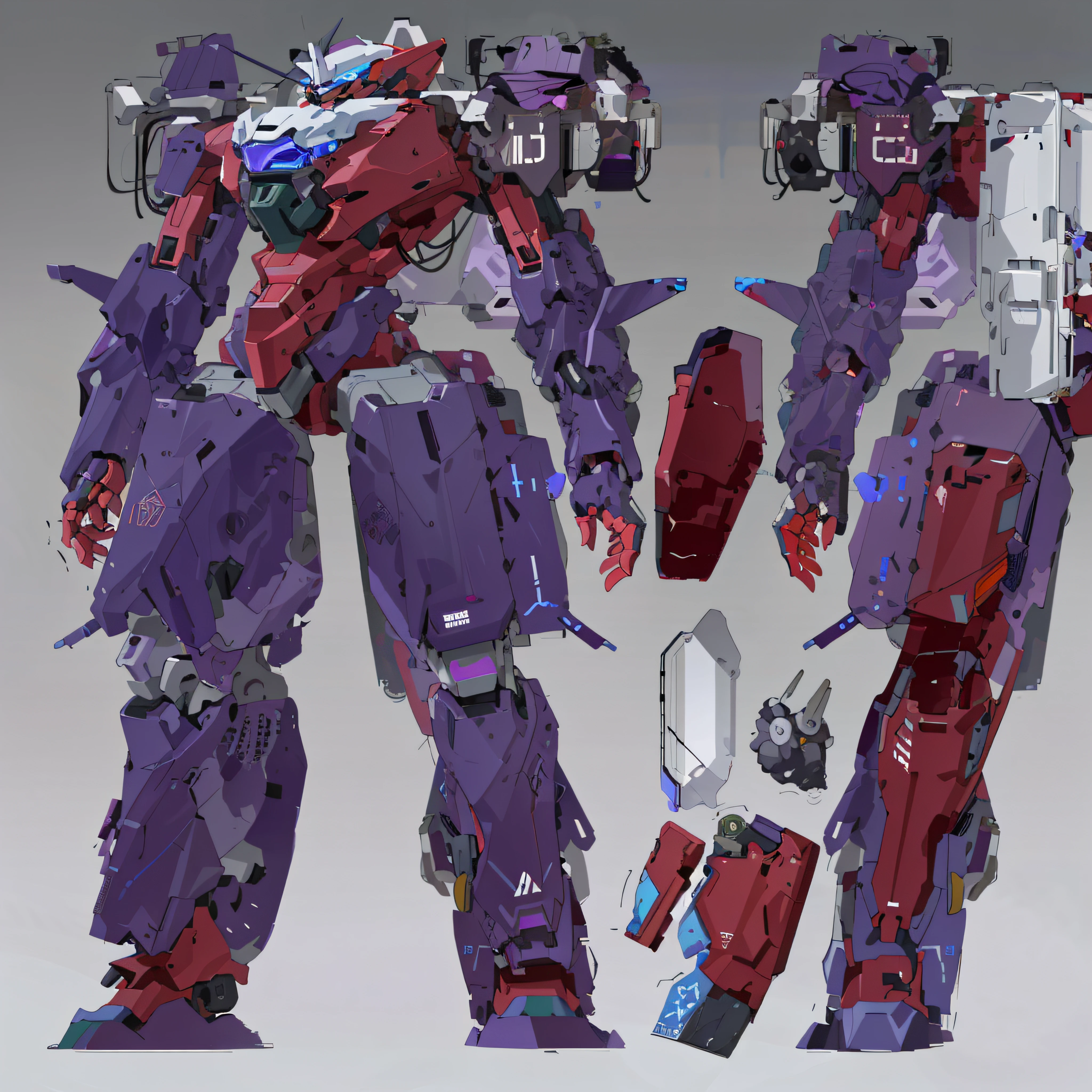 Close-up of robot with purple body and red head, eva unit-00 in the back, painterly humanoid mecha, evangelion concept art, detailed full-body concept, full body concept, full body red mech, Mecha Inspiration, Full body mecha, mech body, full body mecha suit, Mecha suit