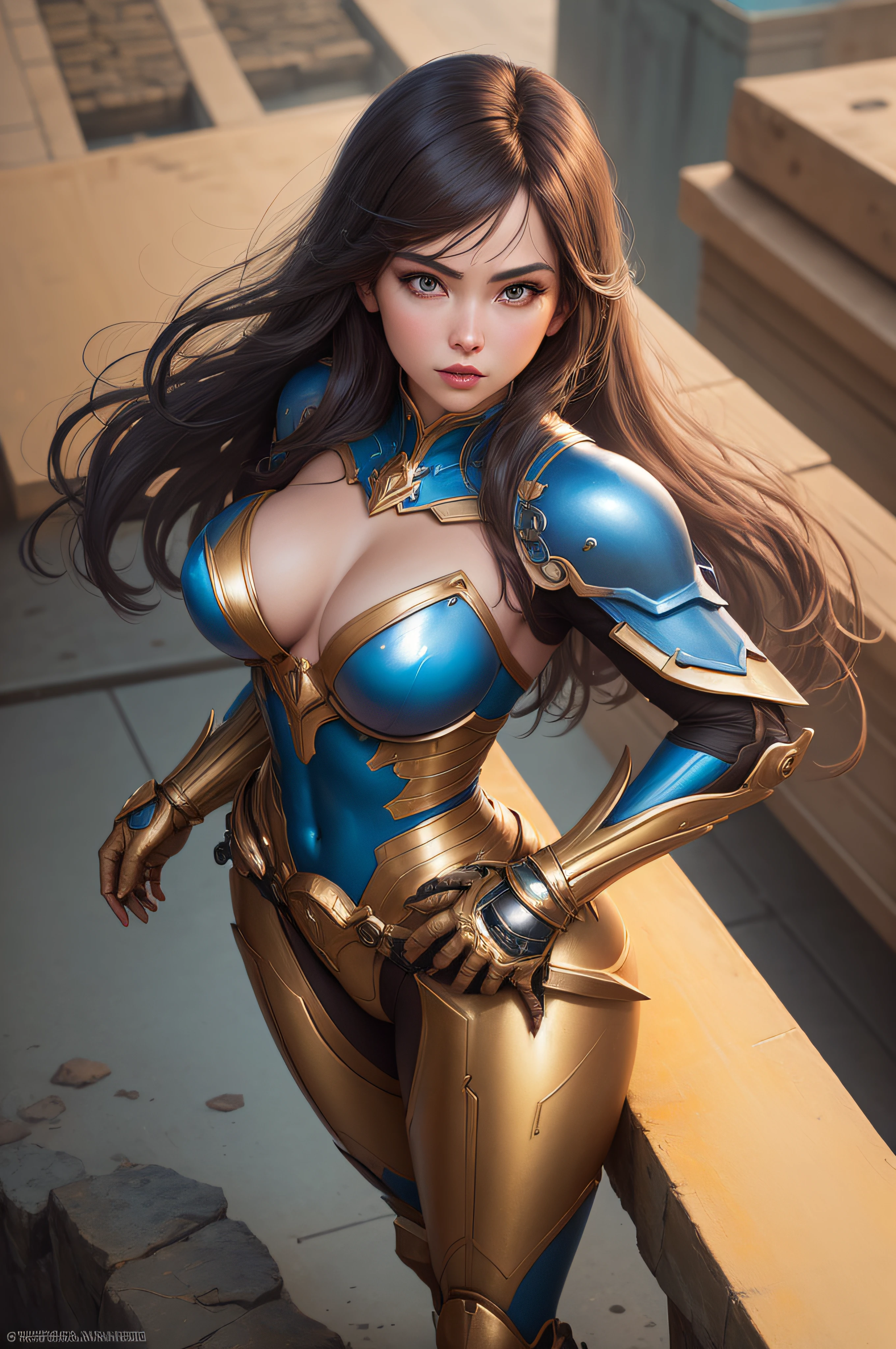 a woman in a blue and gold costume standing on a ledge, angel in plastic armor, Artgerm Julie Bell Beeple, menina bonita do anjo do ciborgue, wearing witchblade armor, menina do cavaleiro do anjo, Mechanized Valkyrie girl, Artgerm JSC, Por Ruan Jia e Stanley Artgerm, Artgerm extremamente detalhado, Menina da armadura, Directed by: Arthur Pan