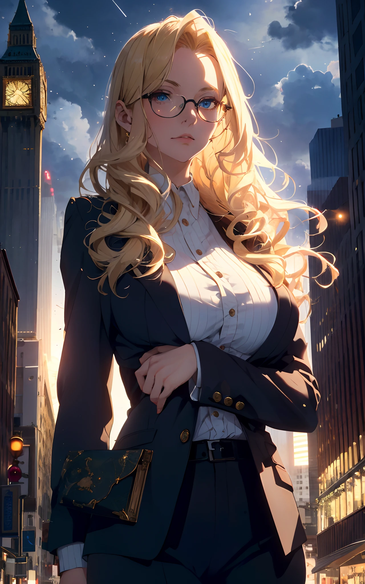 masterpiece, best detail ,(distinct_image), extreme cg,
delicate beautiful woman, (large breast, blond hair, glasses, dressing suit ),looking looking up from intersection,
building, decollate skyscraper, tower, clock tower, stacking, skyline,
from behind, from below, upper body,
cloudy night sky, moonlight, cold lighting