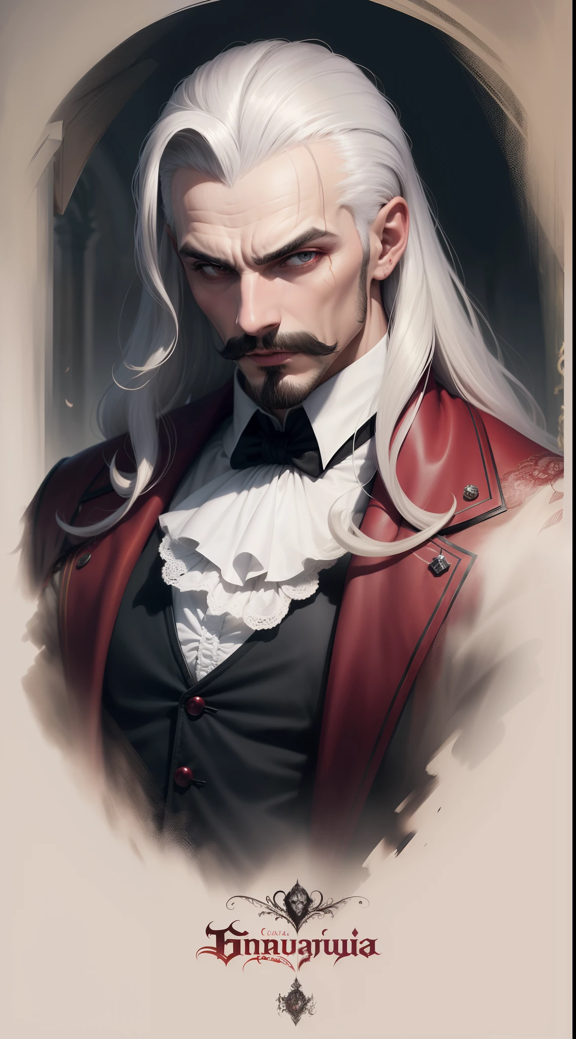 dracula, lord vampiro, fundo escuro e sombrio, castelo, sentado. posando pra foto, estilo castlevania, 60 anos, olhos vermelhos, cabelo longo cacheado, (((cabelo branco))), roupa preta e vermelha, ar de superioridade, Evil look, cavanhaque, barba branca, bigode branco