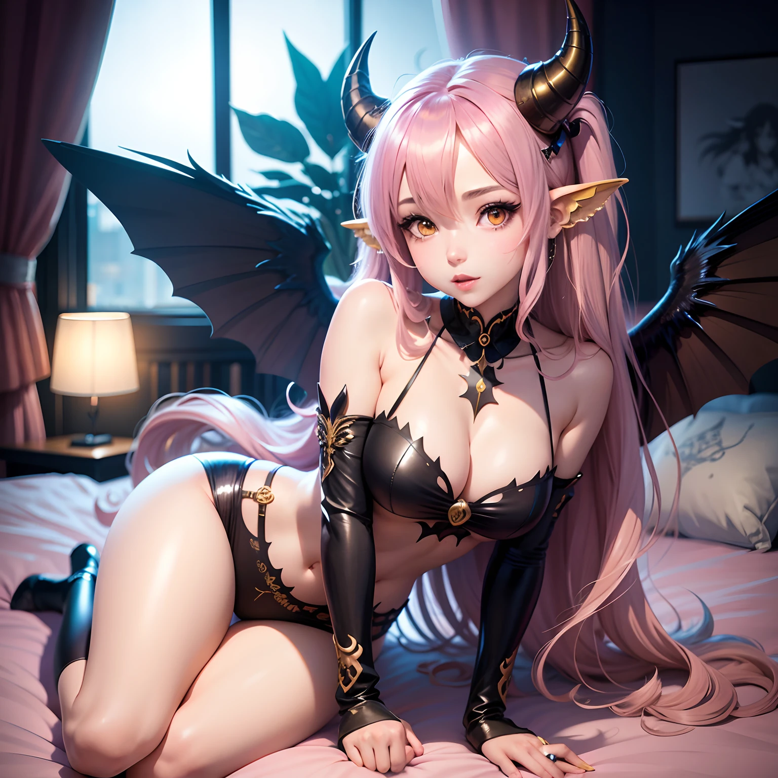 Anime girl posing on bed，Long hair and wings,horn，wings，coda，succubi, Beautiful anime girl, Len Blanc light，Contour light, Very beautiful anime girl, style of anime4 K, Anime style. 8K