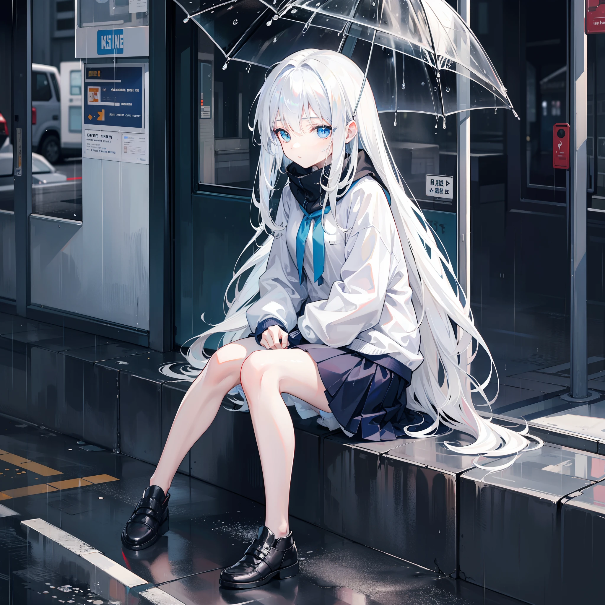 best qualtiy,the street,Rainy days,teens girl,Sit on the ground,Get wet all over your body,Weak eyes,Kind character,long white hair,blue color eyes