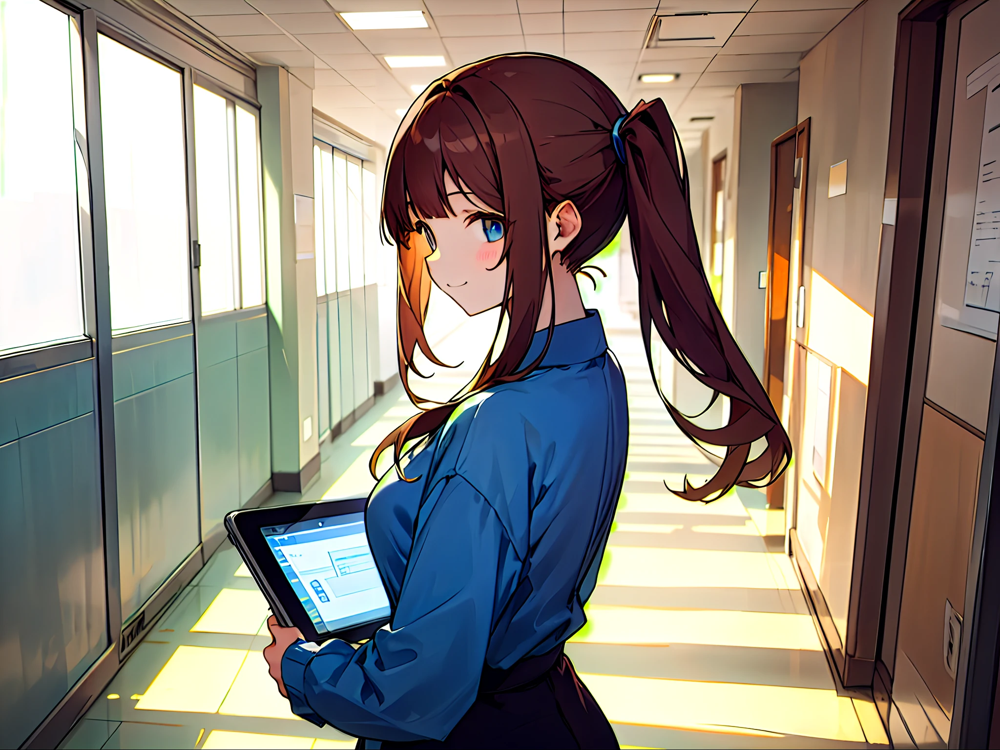 s Office、hallway、Large area、Anime adult woman with tablet PC((Save documents and tablets))、25-years old、Upper body, mid-shot,posterior view、Looks Back、 femele, Detailed eyes, ((Beautiful woman walking in the hallway)),Semi-long hair, Brown hair,poneyTail、 Bangs,Everyday clothes、Clothes without a collar、Fashionable、Long sleeves,、frontage、 A slight smil、A smile