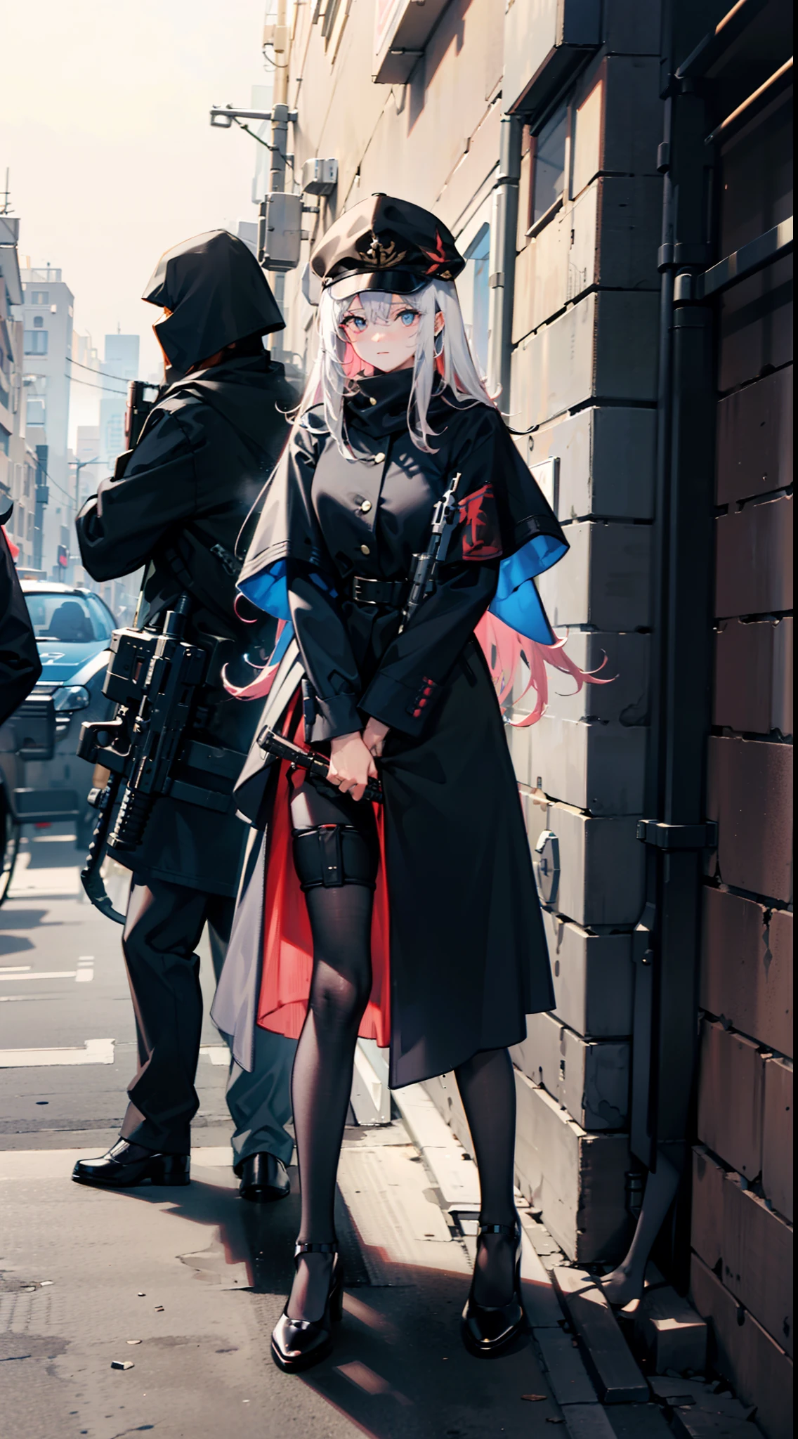 (War zone)，Beautiful wallpapers，suburb，(Three mechanical girls)，assault rifle，a black cloak，Handsome，modern warfare