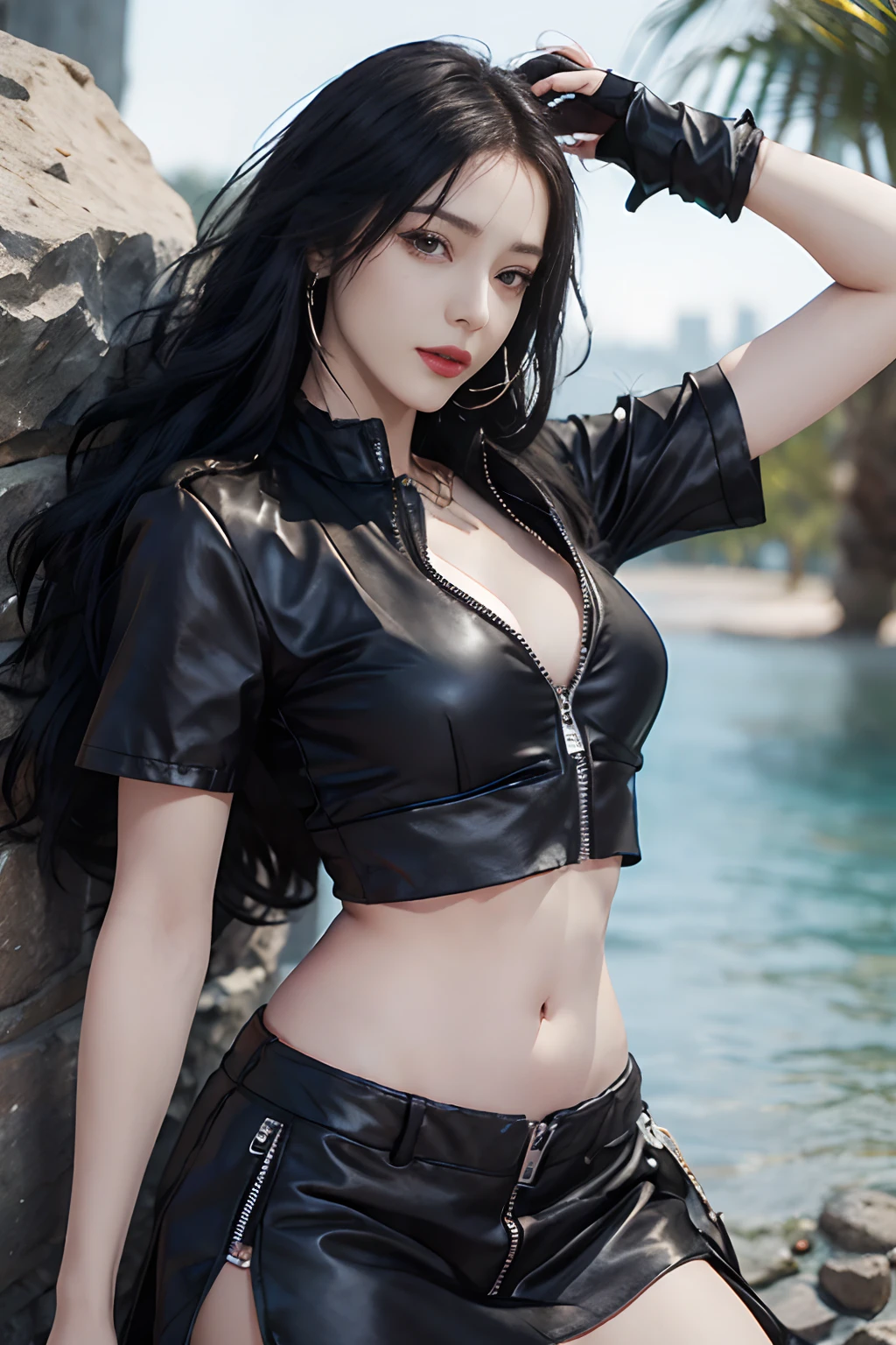 (((masutepiece+Best Quality+High resolution+Ultra-detailed))), Nico Robin\(One piece\), long silky black hair, High Nose, Sharp eyes, noble and inviolable temperament, (([Female]: 1.2 + [Beauty]: 1.2 + Black Long Hair: 1.2)), egypt scriptures background, (One piece), collared jacket, croptop, Midriff, Navel, sarong, Short sleeves, zippers, partially unzipped, Cowboy Shot, aqua eyes, dynamic angle and posture.