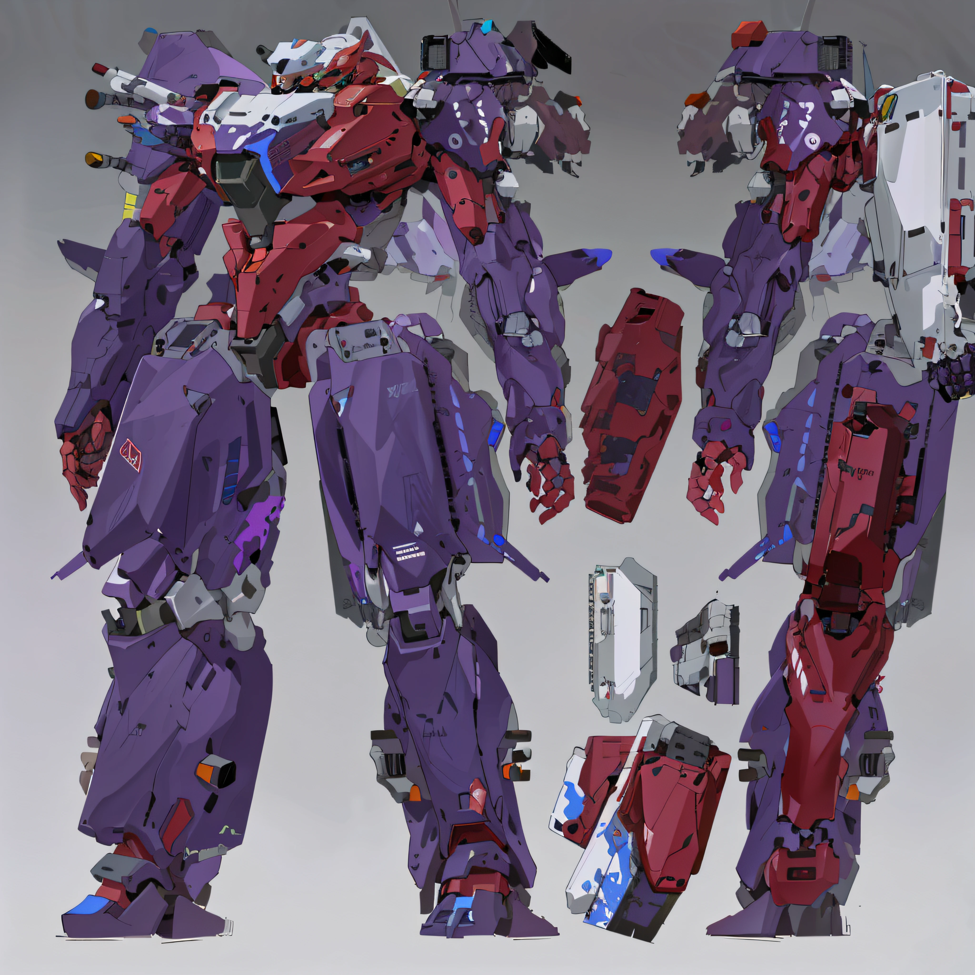 Close-up of robot with purple body and red head, eva unit-00 in the back, painterly humanoid mecha, evangelion concept art, detailed full-body concept, full body concept, full body red mech, Mecha Inspiration, Full body mecha, mech body, full body mecha suit, Mecha suit