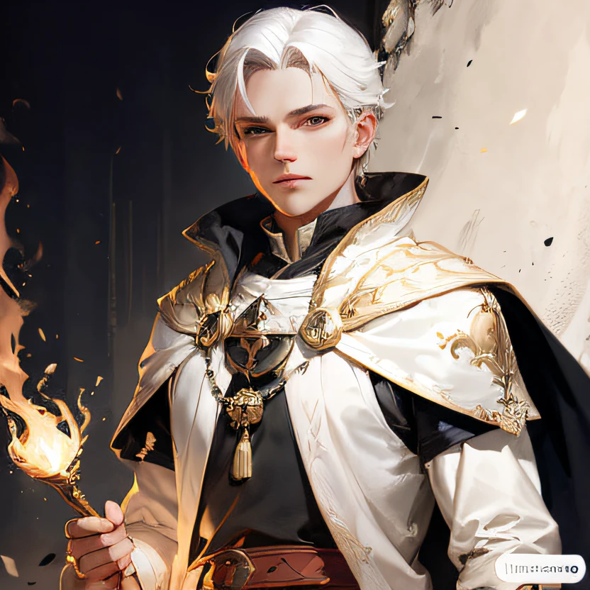 There is a man with white hair and a white cape, picture of a male cleric, Retrato de um Mago, Retrato de um jovem mago, Inspirado em Kris de Deltarrune, Retrato de um personagem DND, por Yang J, epic exquisite character art, pintado no estilo arcano, Neoartcore e Charlie Bowater, dnd retrato da arte do caractere, obra prima, alta qualidade, HD, 4k, 5 fingers on hand,