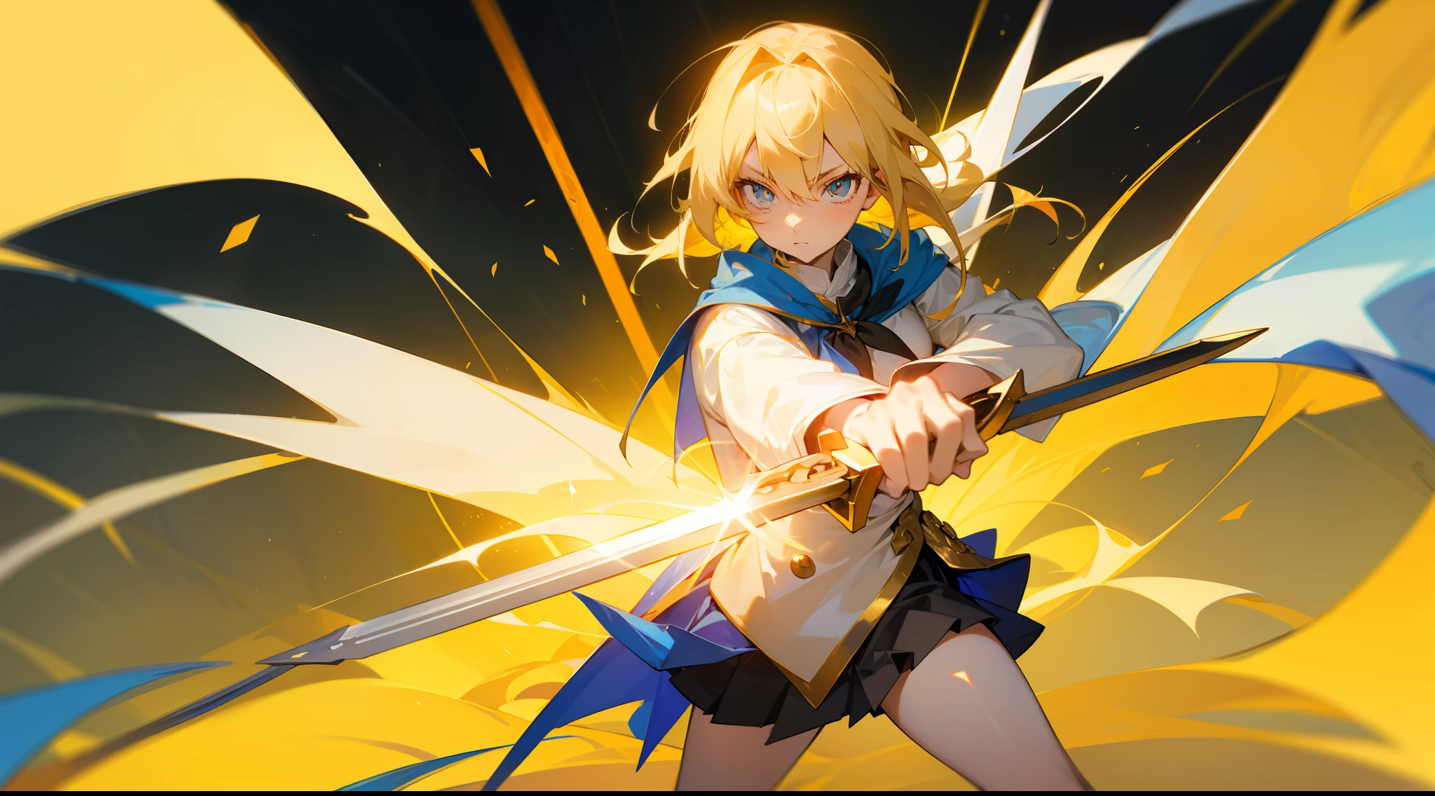 Golden pupils,high and cold,blond hairbl,Simple white shirt,Short blue cape,black short skirt,Long legs,Heavy sword in hand,One hand crosses the waist,best qualityer,Scale 16:9