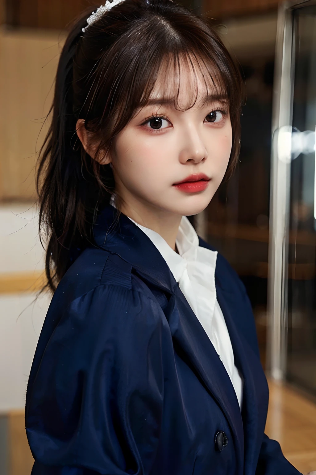 (8k RAW photo、top-quality、masterpiece、8K-UHD)、(realisitic、Photorealsitic:1.37)、(Anatomically accurate and realistic skin)、超A high resolution、 depth of fields、Film Lighting、film grains、Serious 30-year-old woman、Female Announcer、Sauce order、Brown eyes、longeyelashes、bags under eyes、Glossy lips、cute face、Highly detailed eyes and hair ponytail and white hair closure、Skin with beautiful details、serious facial expression、brown haired、thick bangs、shinny hair、curlyhair、Shorthair、Navy blue suit long sleeve announcer、Standing in front of the studio、