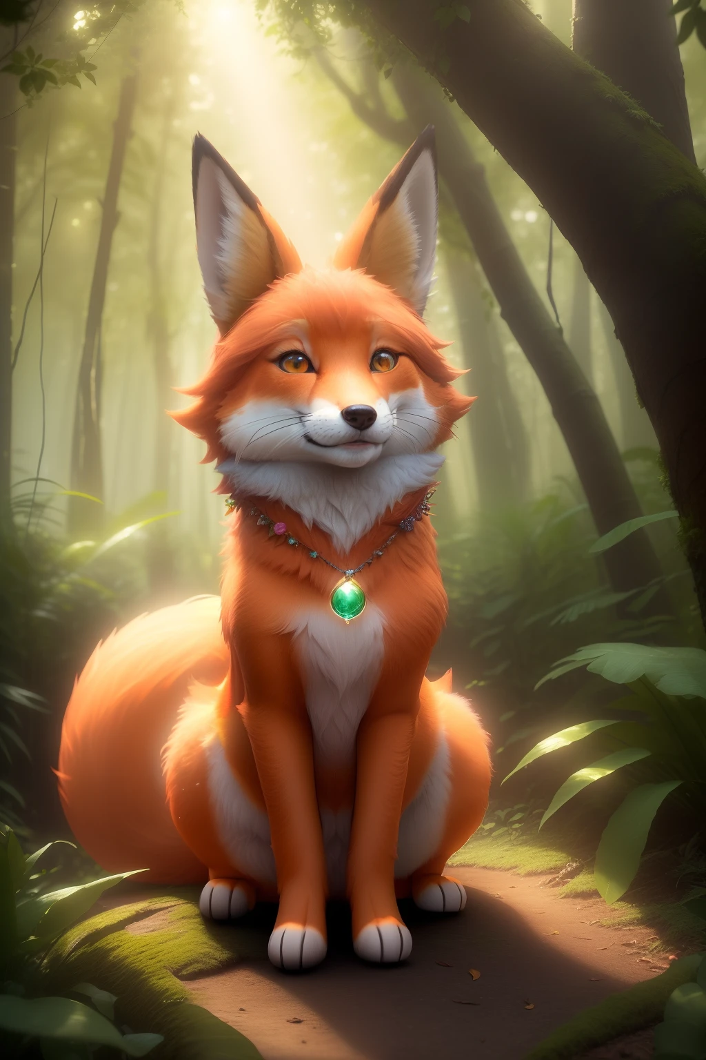 An enchanting Pixar 3D render of Lila, the lively fox, LIVES IN THE AMAZONIA FOREST, with her soft orange fur illuminated by the warm glow of the sun. She wears a playful green leaf skirt and a charmingly mismatched bow on her head. The scene is set in a whimsical forest clearing, with magical lighting that accentuates Lila's AN ANIMAL WITH adorable expression and her curiosity-filled eyes. The color temperature is inviting and cozy, enhancing the sense of wonder in the atmosphere. --v 5 --stylize 1000