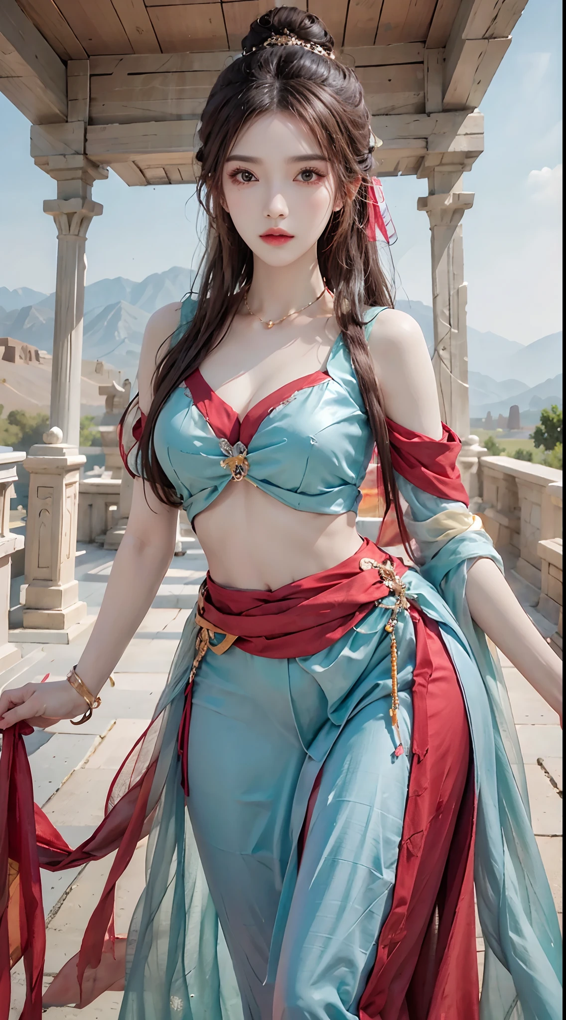 photorealistic, high resolution, 1women, solo, hips up, look at viewer, (detailed face), COLORFUL clothes, dunhuang_dress, tattoo, jewelry
