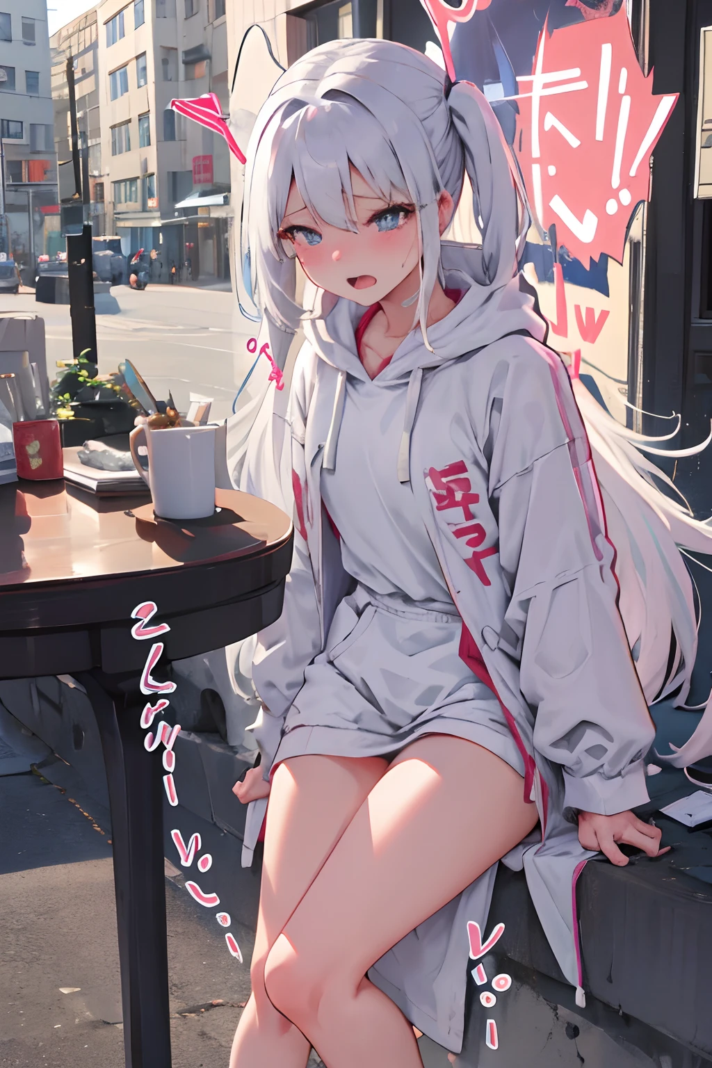 A white-haired woman in a hoodie and hood blushed on the street, The crying mouth opened and drooled,There are massage sticks on the ground,Jumping eggs,climaxing,Embarrassed, Describe the role in detail,Detail portrayal of hair,Detailed depiction of the body,Details thighs,Detailed engraving of the picture section,Perfect face,Be watched,Underwear is taken off,Panties on the table,Dynamic posture,Look away、The erection、embarrassed from,Stockings,ahegao,Sit,Against the wall,Open mouth and stick out tongue,heart-shaped pupils,tongue out