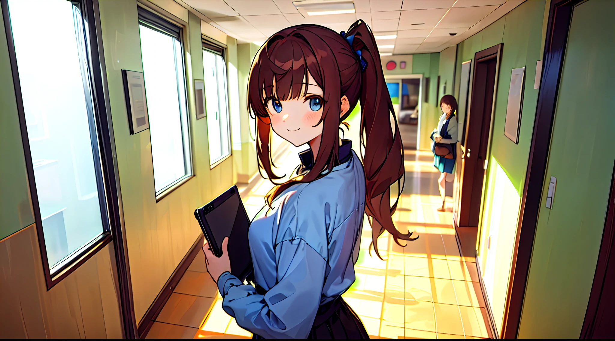 s Office、hallway、Large area、Anime adult woman with tablet PC((Save documents and tablets))、25-years old、Upper body, mid-shot,posterior view、Looks Back、 femele, Detailed eyes, ((Beautiful woman walking in the hallway)),Semi-long hair, Brown hair,poneyTail、 Bangs,Everyday clothes、Clothes without a collar、Fashionable、Long sleeves,、frontage、 A slight smil、A smile