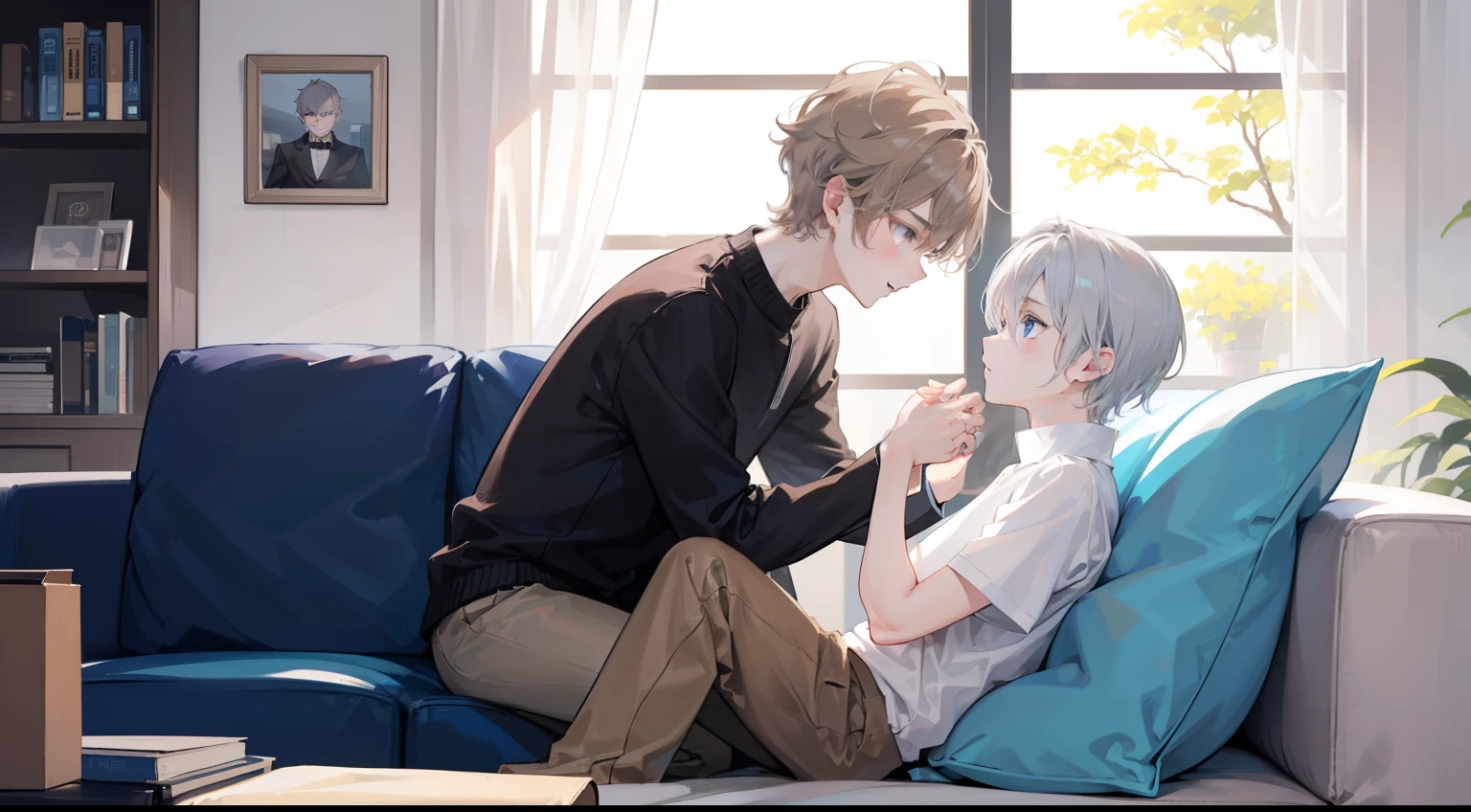 Two Boys, Silver-haired boy and brown-haired boy,eyecontact、 Two people staring at each other、Looks fun、Talking、White short-haired boy with blue eyes、Boy with brown eyes and short hair、Boy's room、sofas、Two lovers、Boys Love、hight resolution、ultra-detailliert