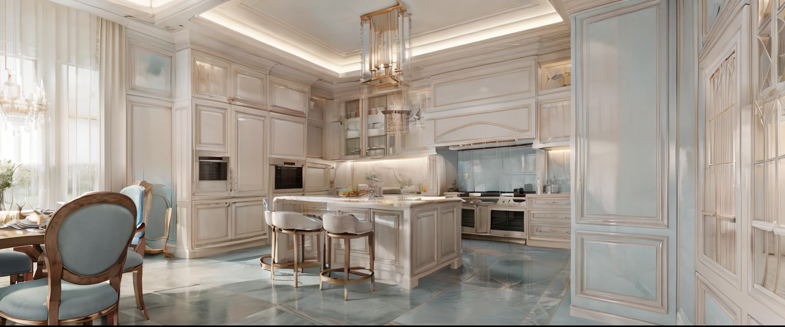 The kitchen includes a kitchen, a dining table, a decorative island table, a molding, a neoclassical style, 8k resolution, vray rendering, soft colors, surreal photos, ((light blue tone: 1,2) )); auxiliary lights, glossy tiled floors