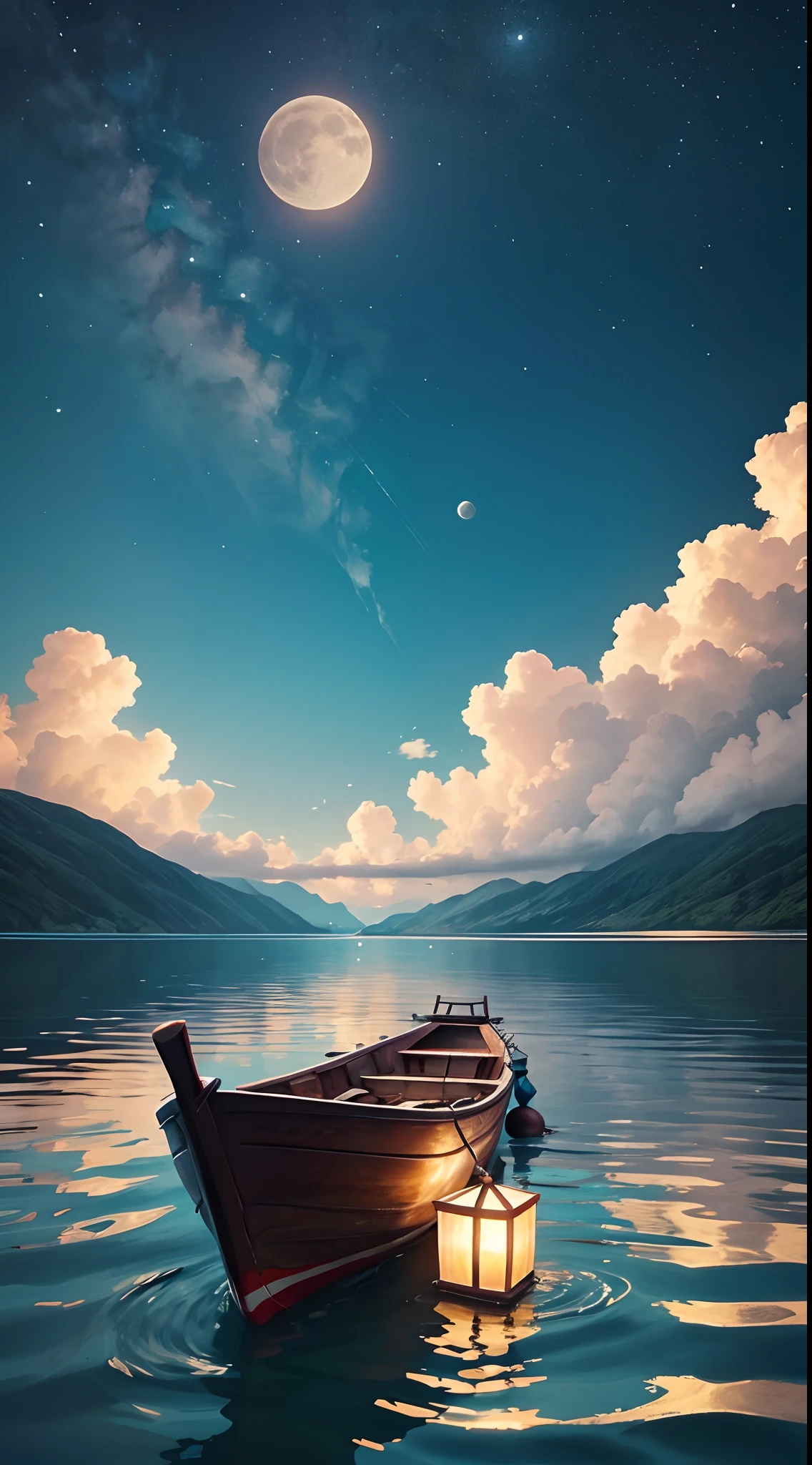 On the calm sea，There is a small boat floating on the water，There is a bright moon in the sky