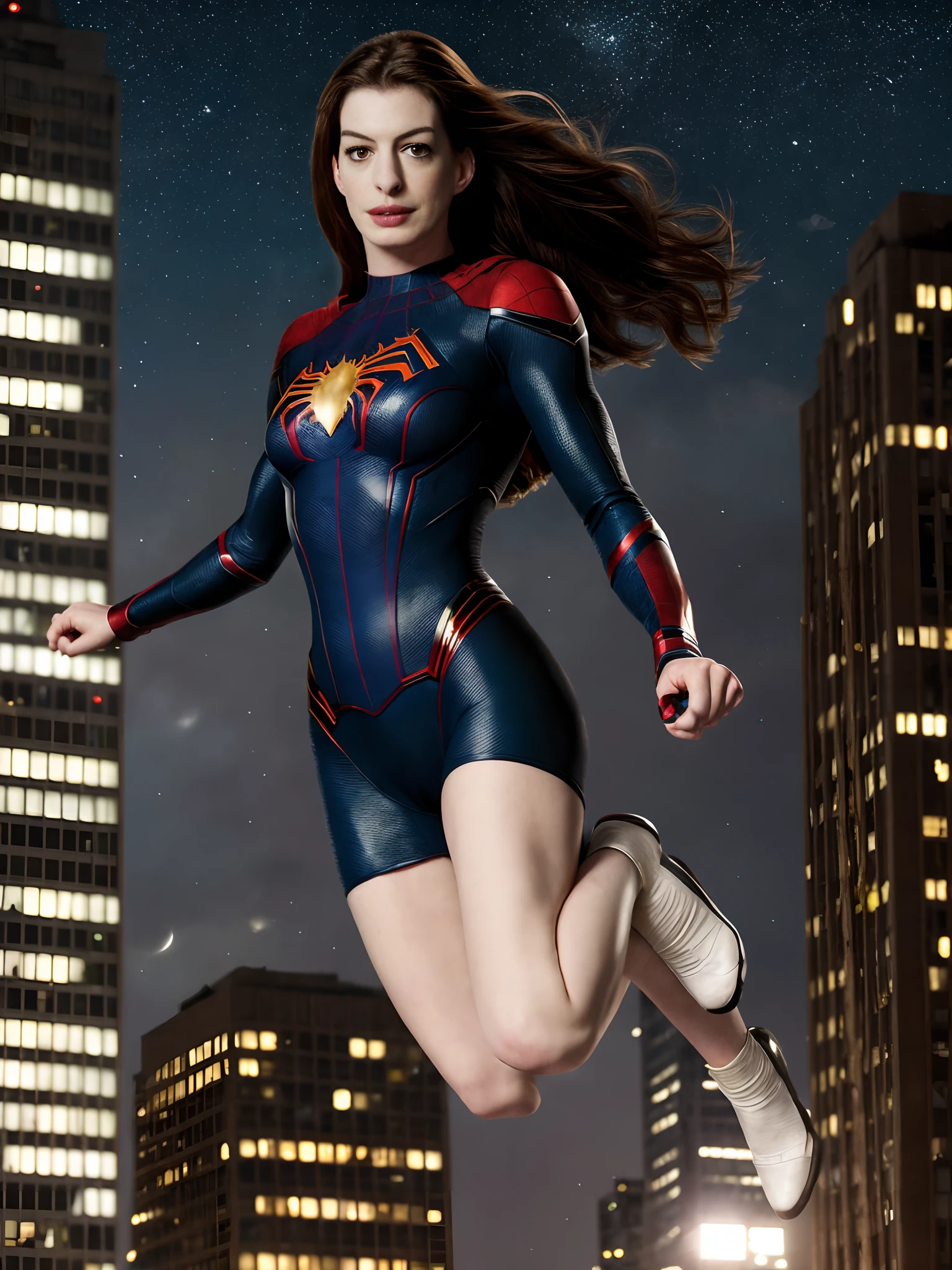 ((( Anne hathaway :1.95 ))) :(Masterpiece, 4k resolution, ultra-realistic, very detailed), (White superhero theme, charismatic, there's a girl on top of town, wearing Spider-Man costume, she's a superhero), [ ((40 years), (long white hair:1.2), full body, (blue eyes:1.2), ((Spider-Man pose),show of strength, jumping from one building to another), ((sandy urban environment):0.8)| (cityscape, at night, dynamic lights), (full moon))] # Explanation: The Prompt mainly describes a 4K painting of ultra-high definition, very realistic, very detailed. It shows a superheroine at the top of the city, wearing a Spider-Man costume. The theme in the painting is a white superhero theme, the female protagonist has long white hair, her entire sexualized body is shown in the photograph . In terms of portraying the actions of superheroines,