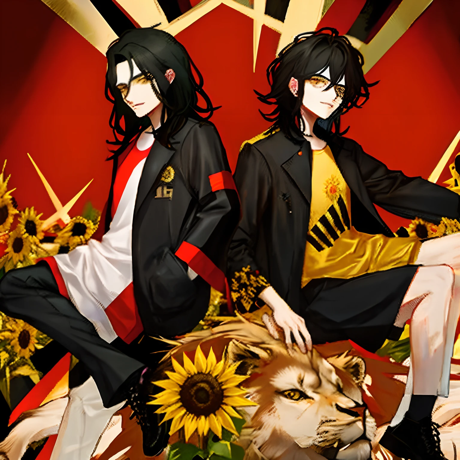 [Red background:1.4)1 guy with black hair wearing a black and gold jacket next to 2 lions, behind him are sunflowers