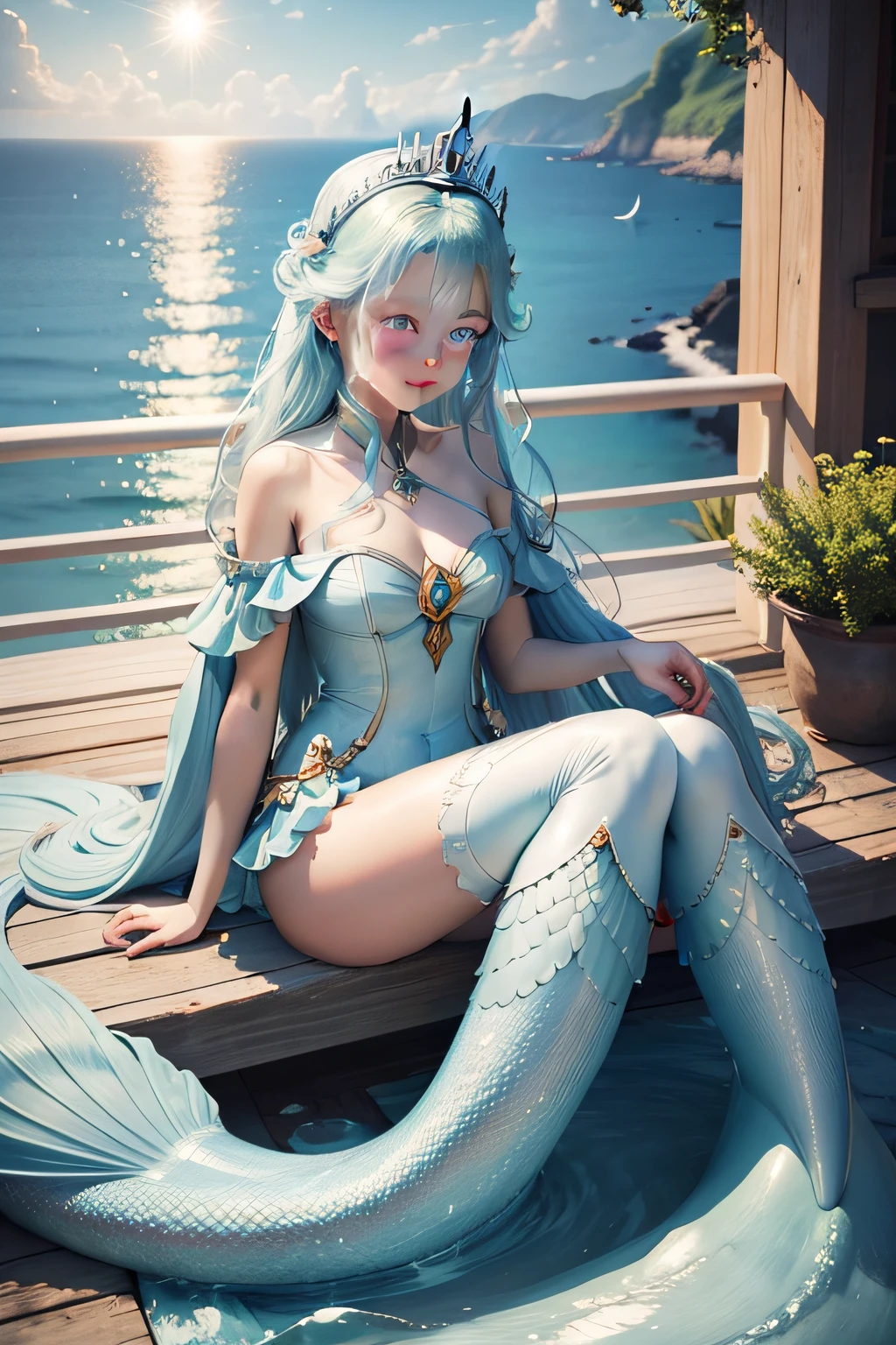 Healing diagram,Mermaid princess by the sea,There is a pop in the sky,There is a lighthouse in the sea,The princess carries a crown,Gentle blue eyes look at you tenderly。