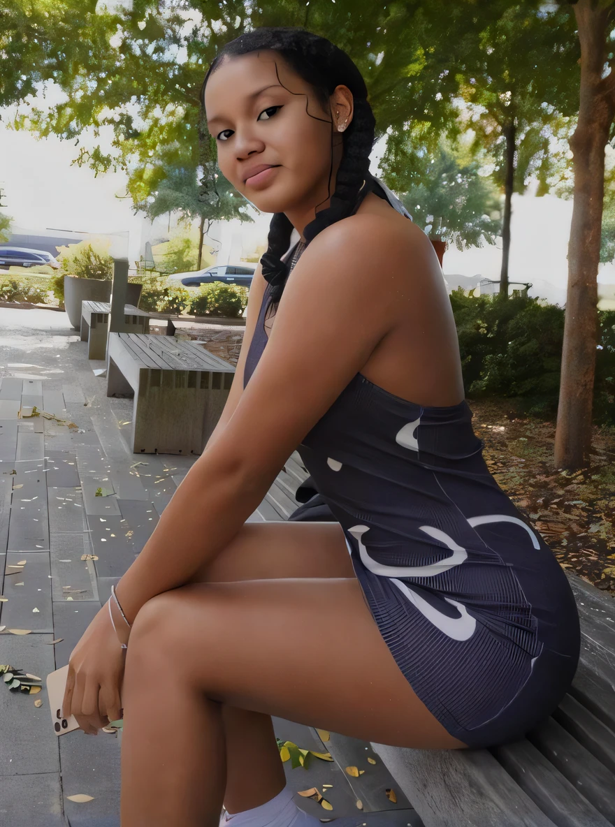 mulher de araffe sentada em um banco em um parque com um skate, photo shoot, Pose casual, retrato lateral, ela tem cerca de 1 6 anos de idade, 2 Modelo feminina de 4 anos, taken in the early 2020s, Foto de perfil, beautiful city black woman only, posou no perfil, ela tem cerca de 20 anos, various posed