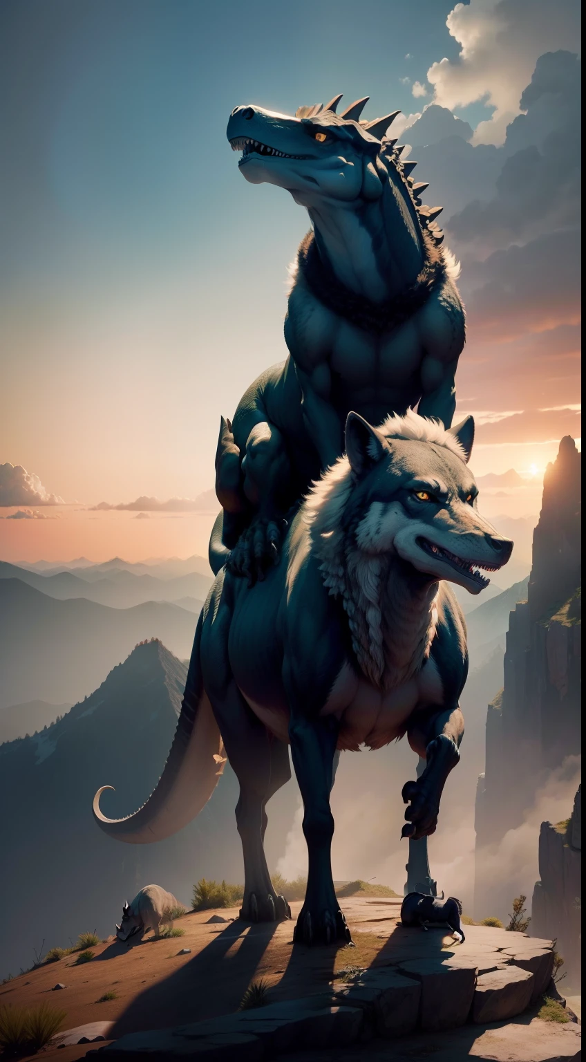 A dinosaur，Carrying a wolf on his back，Stand on top of a high mountain，suns，ln the forest