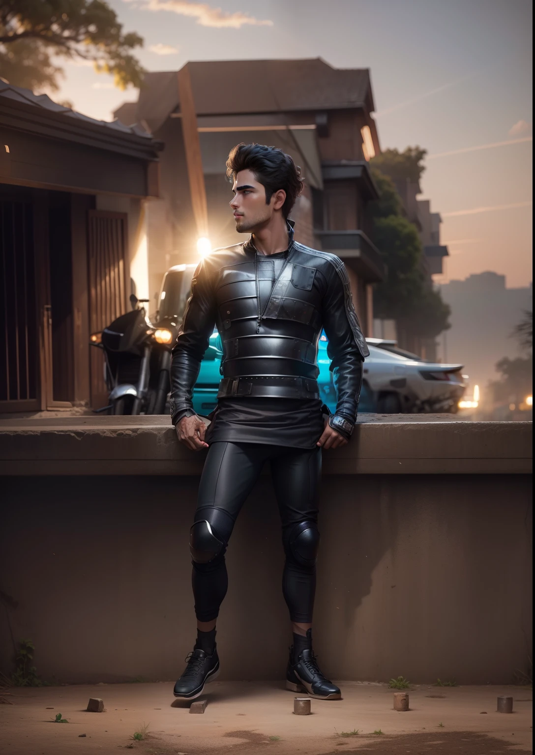 Change background bike ith image handsome boy realistic face knight rider