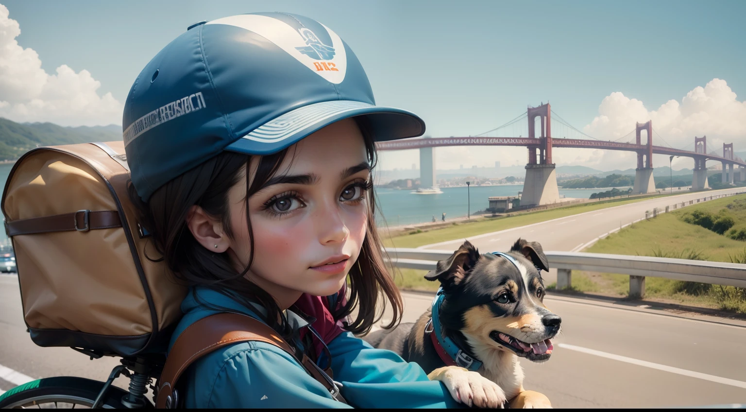 Retrato do mulher latina, 30 anos , com e olhos de anjo , de bicicleta viajando , com mochila nas costas , na estrada asfalto , com cachorro , cidade grande , Buildings , constructions , transito , pessoas andando , cachorro no colo, ''viajando de bicicleta" cachorro no bagageiro