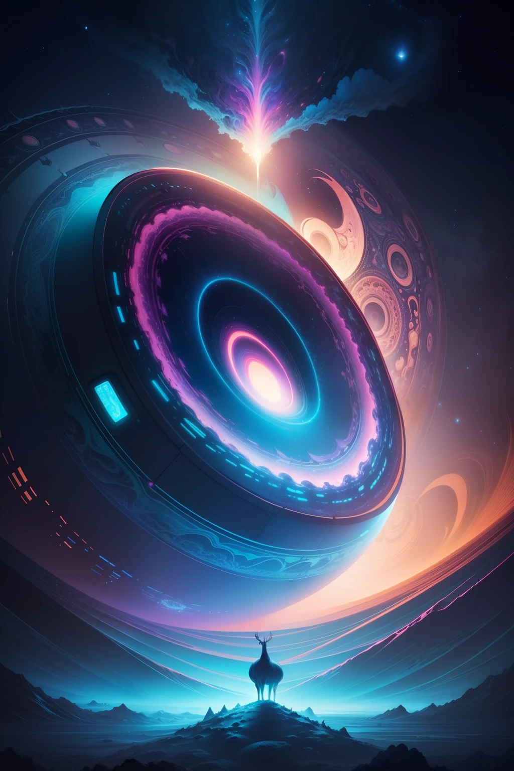 A deer standing on a moon shaped object in the sky and dreaming of electric sheep, blurry and dreamy illustration, calm night. Digital illustration, Blurred and dreamlike illustration, Amédée Ozenfant, dreamlike illustration, in astral plane)) ), colorful plane surreal ethereal, in cosmic realm, in surreal dreamy landscape, light shadows, waves, multiple layers, Foreground, vista, fractal thunder Dan Mumford, Dan Mumford and Alex Gray style, psychedelic surreal art, surreal psychedelic design, fantasy art style, illusion psychedelic art, infinite psychedelic waves , inspired by Cyril Rolando, real ripple structure, psychedelic art style, psychedelic art, psychedelic illustration -- V6