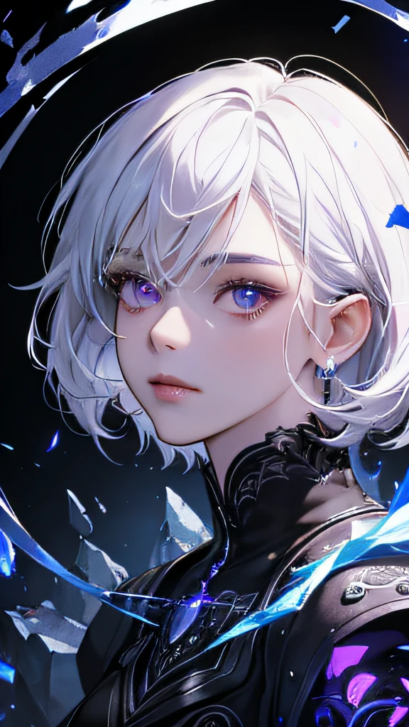 (masterpiece, best quality, ultra-detailed, best shadow), (detailed background,dark fantasy), (beautiful detailed face), high contrast, (best illumination, an extremely delicate and beautiful), ((cinematic light)), colorful, hyper detail, dramatic light, intricate details, (1girl, solo,white hair, sharp face,purple eyes, hair between eyes,dynamic angle), blood splatter, swirling black light around the character, depth of field,black light particles,(broken glass),magic circle, --auto