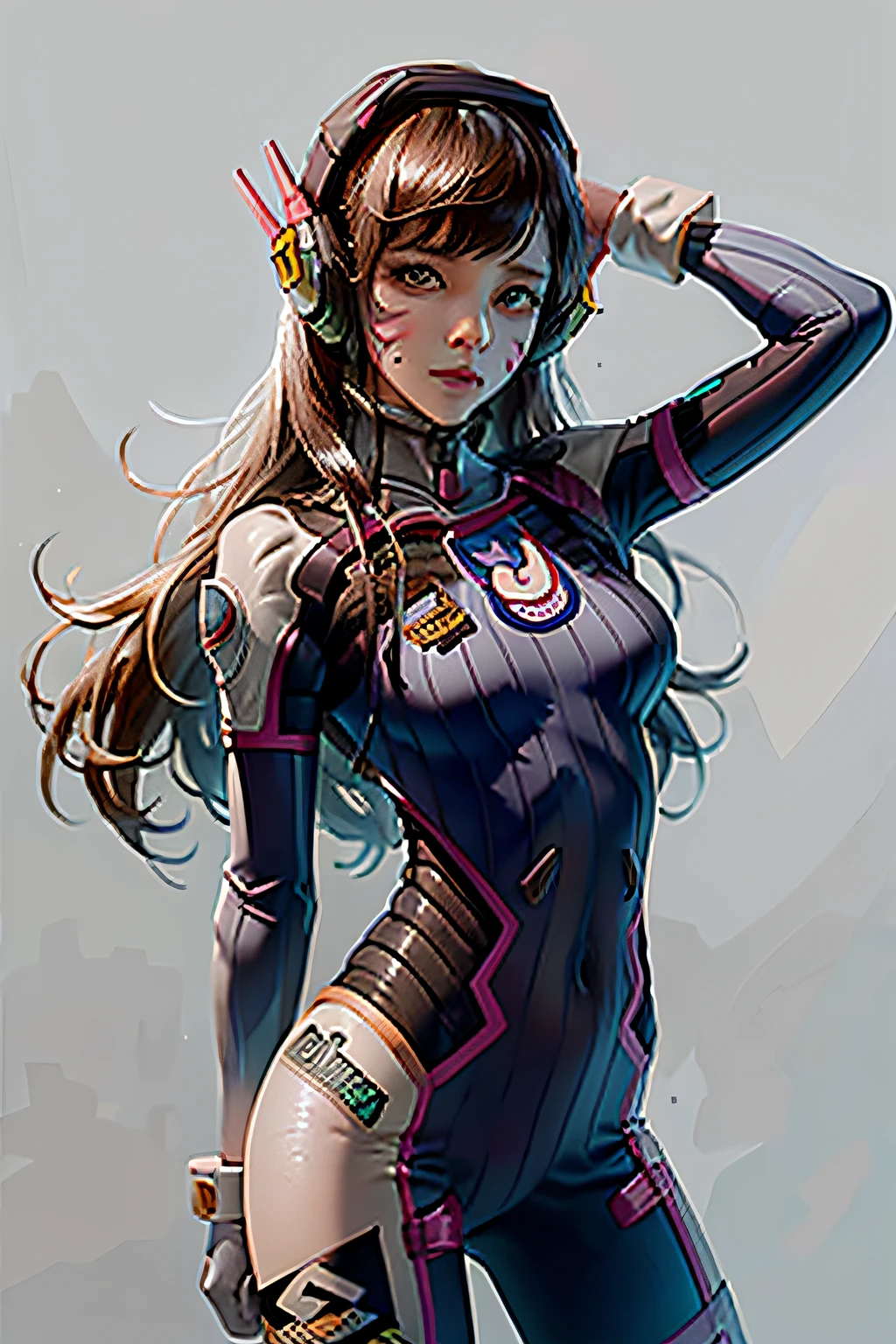 masterpiece, best quality,1girl, d.va (overwatch), solo, long hair, whisker markings, bodysuit, brown hair, facial mark, gloves, breasts, brown eyes, pilot suit, cowboy shot, headphones, white gloves, medium breasts, swept bangs, skin tight, animal print, bangs, bunny print, ribbed bodysuit, facepaint, pink lips,(grey background:1.2),simple background, (kbxll:0.6)