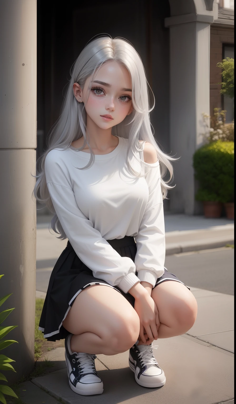 a woman in a casual clothing, white long sleeve T-shirt and circle skirt ,converse shoes, 17 years old, adult face, shoulder length slightly wavy hair, ((silver coloured hair)) and gleaming detailed vibrant hazel eyes, slim frame, medium breasts, long legs, beautiful face, medium butt size, small feet size, small hand size, perfect hands, scary face, beautiful face, pretty face, hot woman, British woman, cream skin, small soft pink lips , small to medium breast size, sharp features, slim hourglass figure, ashen hair