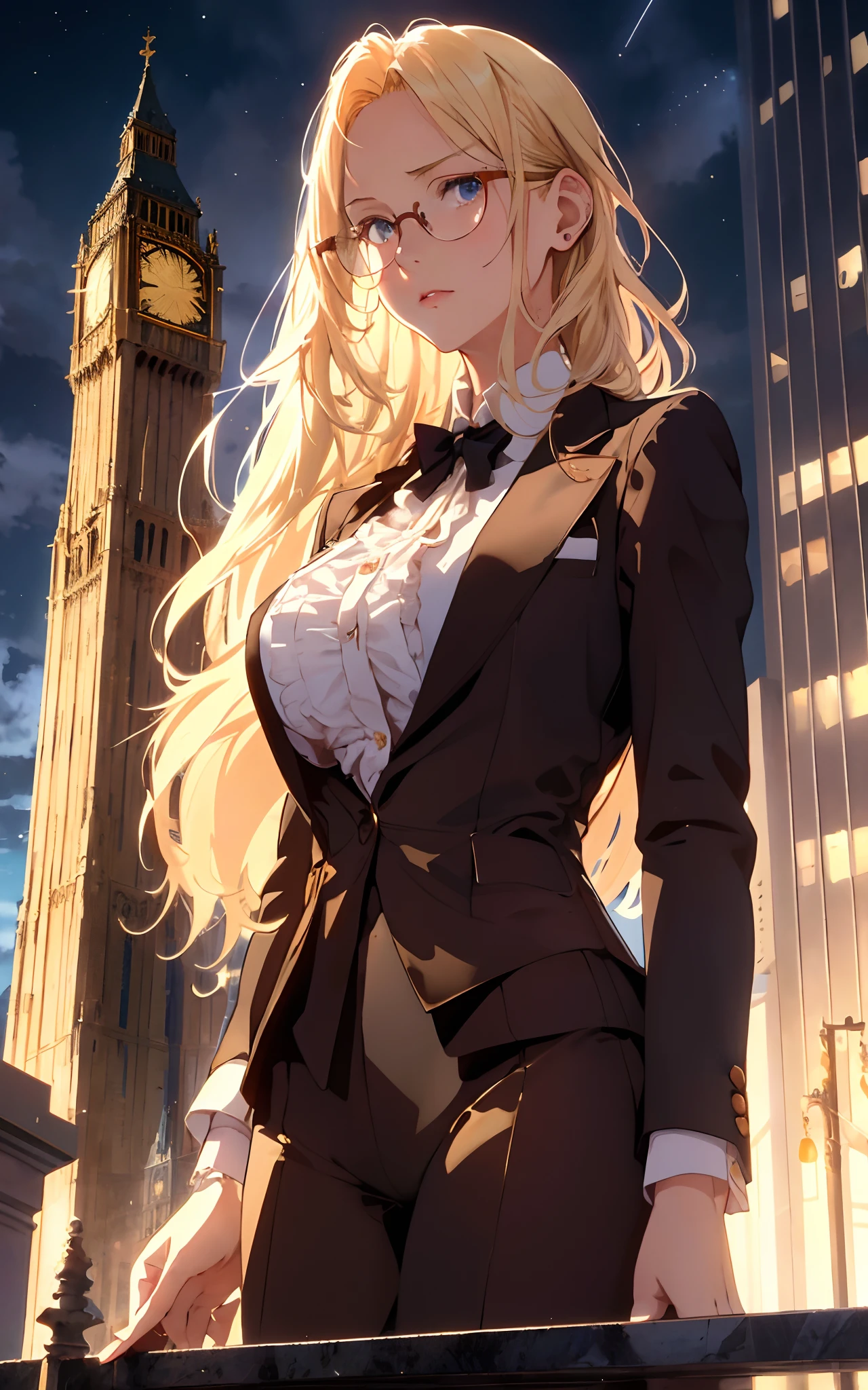 masterpiece, best detail ,(distinct_image), extreme  cg,
delicate beautiful woman, (large breast, blond hair,  glasses, dressing suit  ),looking looking up from intersection,
building, decollate skyscraper,  tower,  clock tower,  stacking,  skyline, 
from behind, from below,  upper body, 
cloudy night sky, moonlight,  cold lighting
