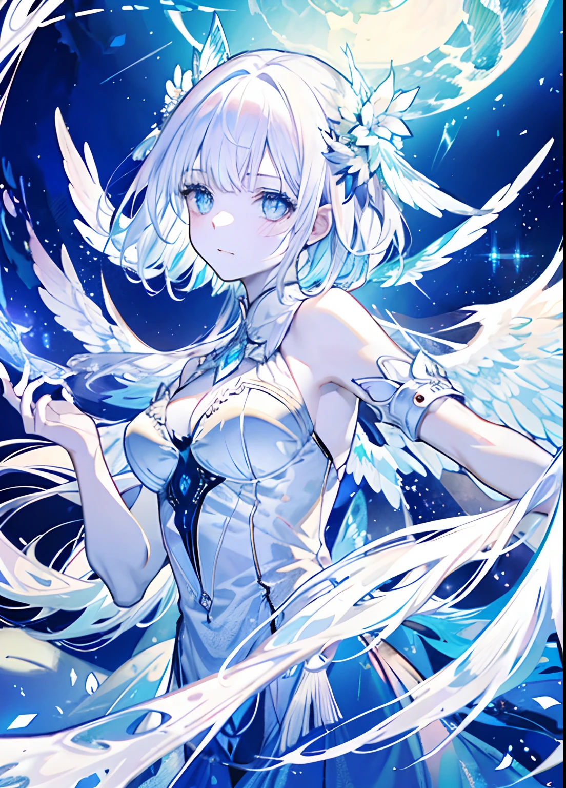 An angel is depicted with a pale and luminous complexion, their skin seemingly glowing with an otherworldly radiance. They are adorned with a pair of sparkling and graceful wings, symbolizing their divine nature. The scene is ethereal and enchanting, capturing the beauty and mystery of these celestial beings. angel, pale, luminous, complexion, glowing, otherworldly, radiance, sparkling, graceful, wings, divine, ethereal, enchanting, beauty, mystery.upper body,