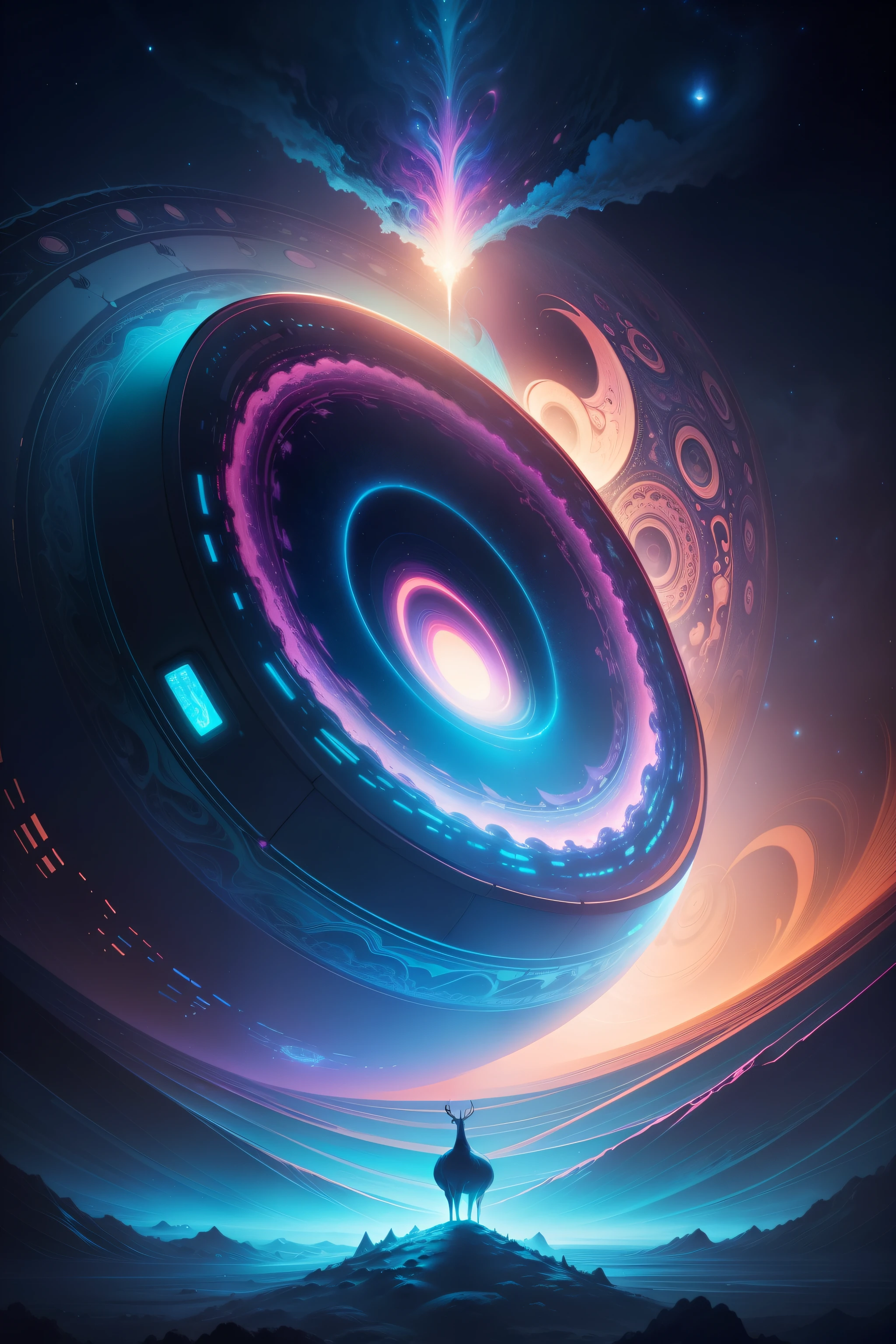 A deer standing on a moon shaped object in the sky and dreaming of electric sheep, blurry and dreamy illustration, calm night. Digital illustration, Blurred and dreamlike illustration, Amédée Ozenfant, dreamlike illustration, in astral plane)) ), colorful plane surreal ethereal, in cosmic realm, in surreal dreamy landscape, light shadows, waves, multiple layers, Foreground, vista, fractal thunder Dan Mumford, Dan Mumford and Alex Gray style, psychedelic surreal art, surreal psychedelic design, fantasy art style, illusion psychedelic art, infinite psychedelic waves , inspired by Cyril Rolando, real ripple structure, psychedelic art style, psychedelic art, psychedelic illustration -- V6