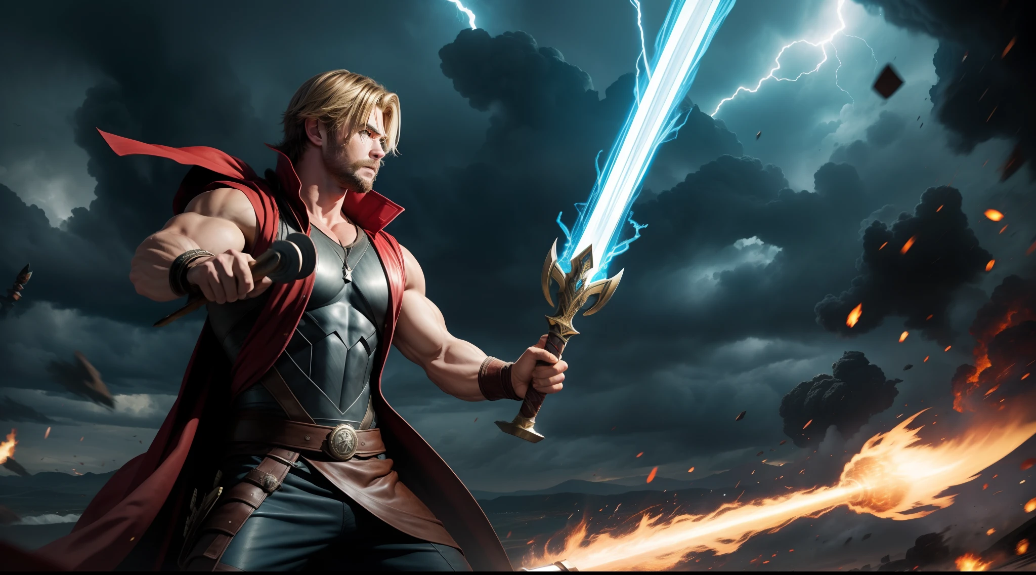 Chris Hemsworth wielding the mighty and awe-inspiring Stormbreaker.